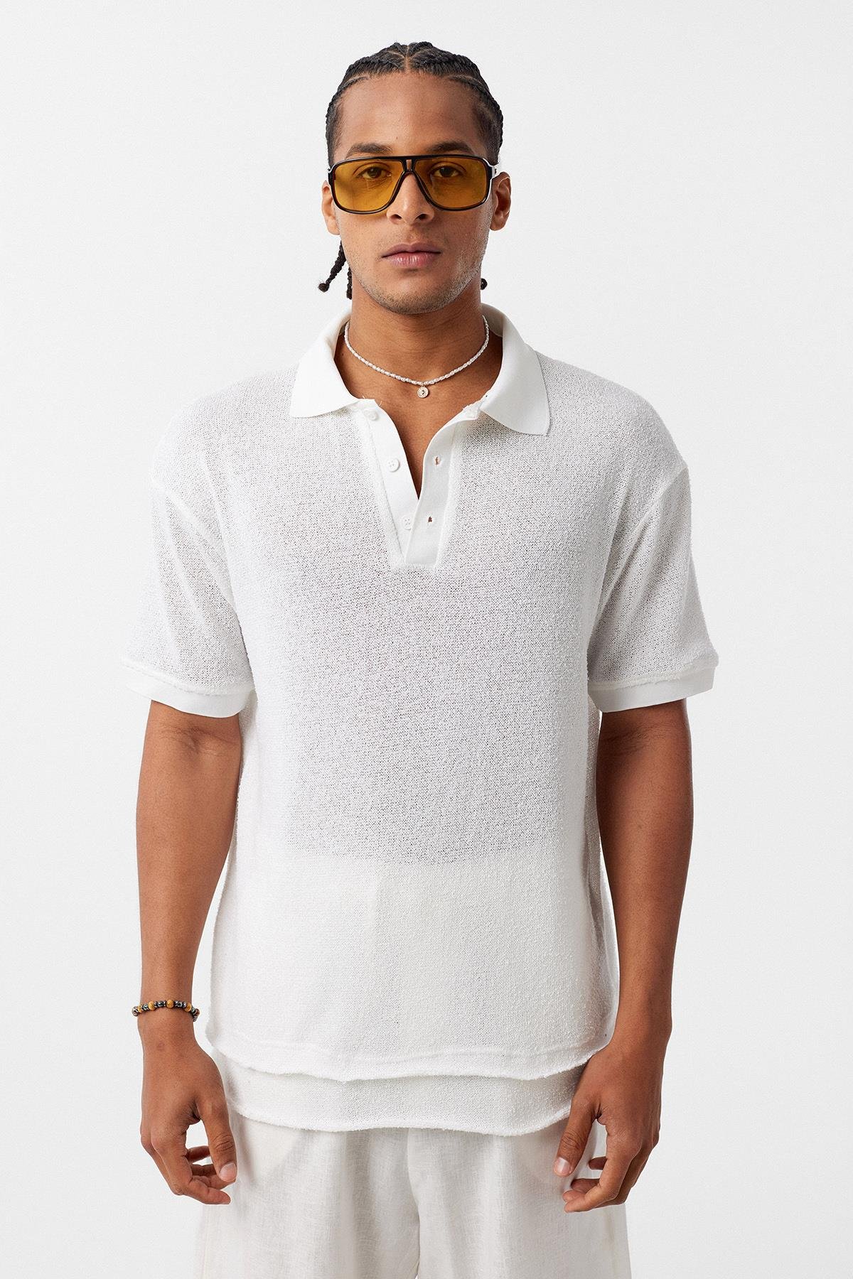 Polo Yaka Oversize Tişört Ekru