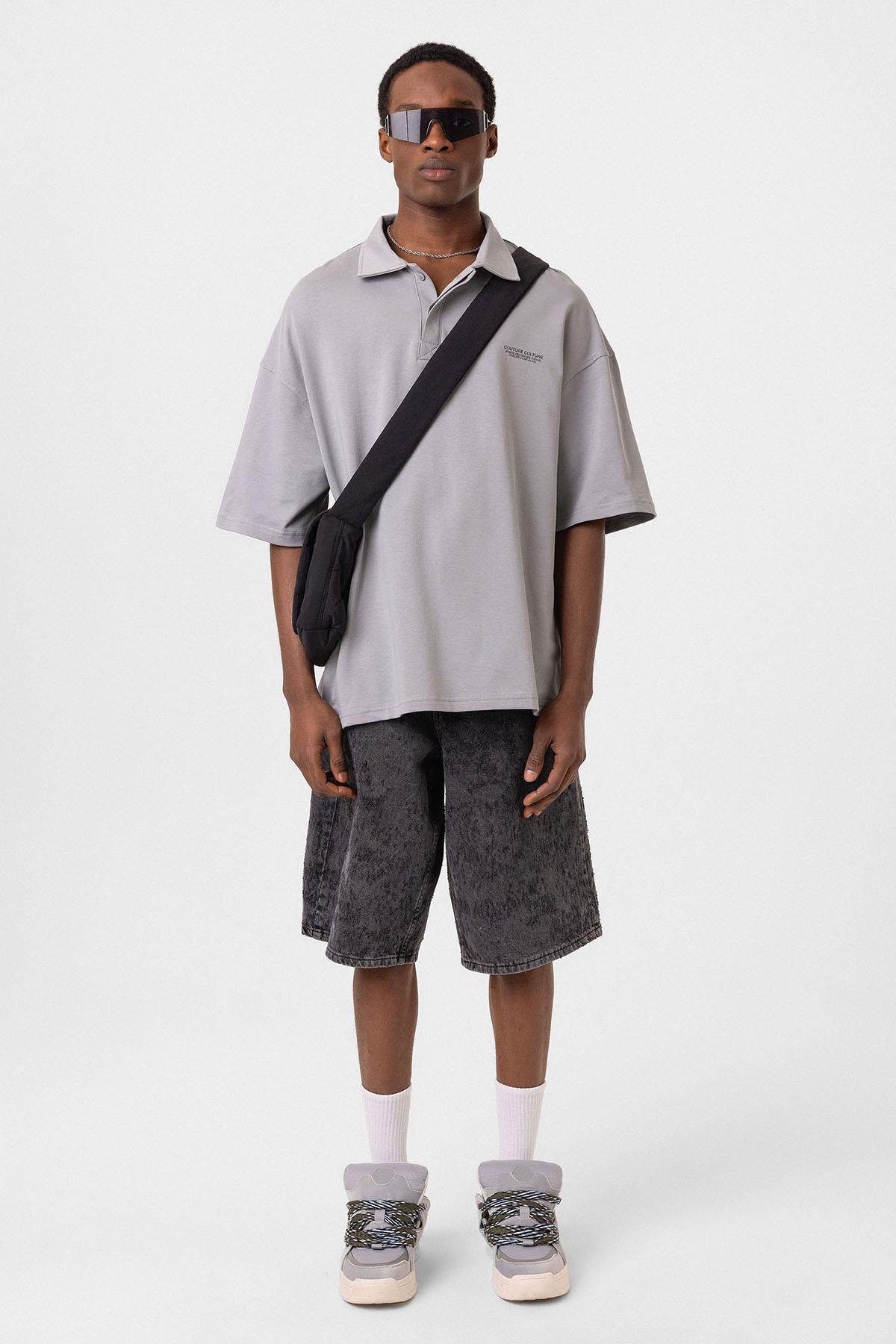 Polo Yaka Oversize Tişört Gri