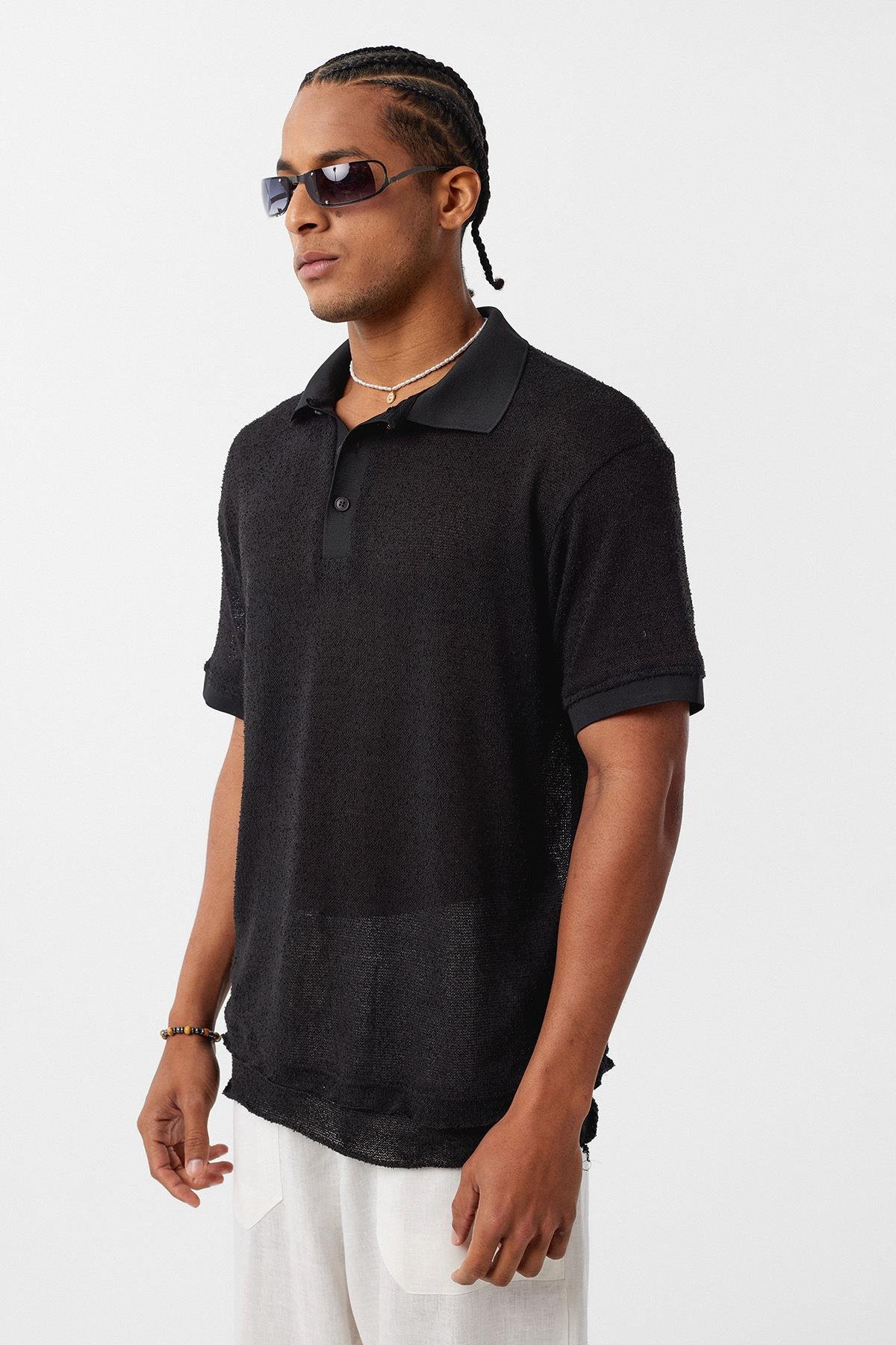 Polo Yaka Oversize Tişört Siyah