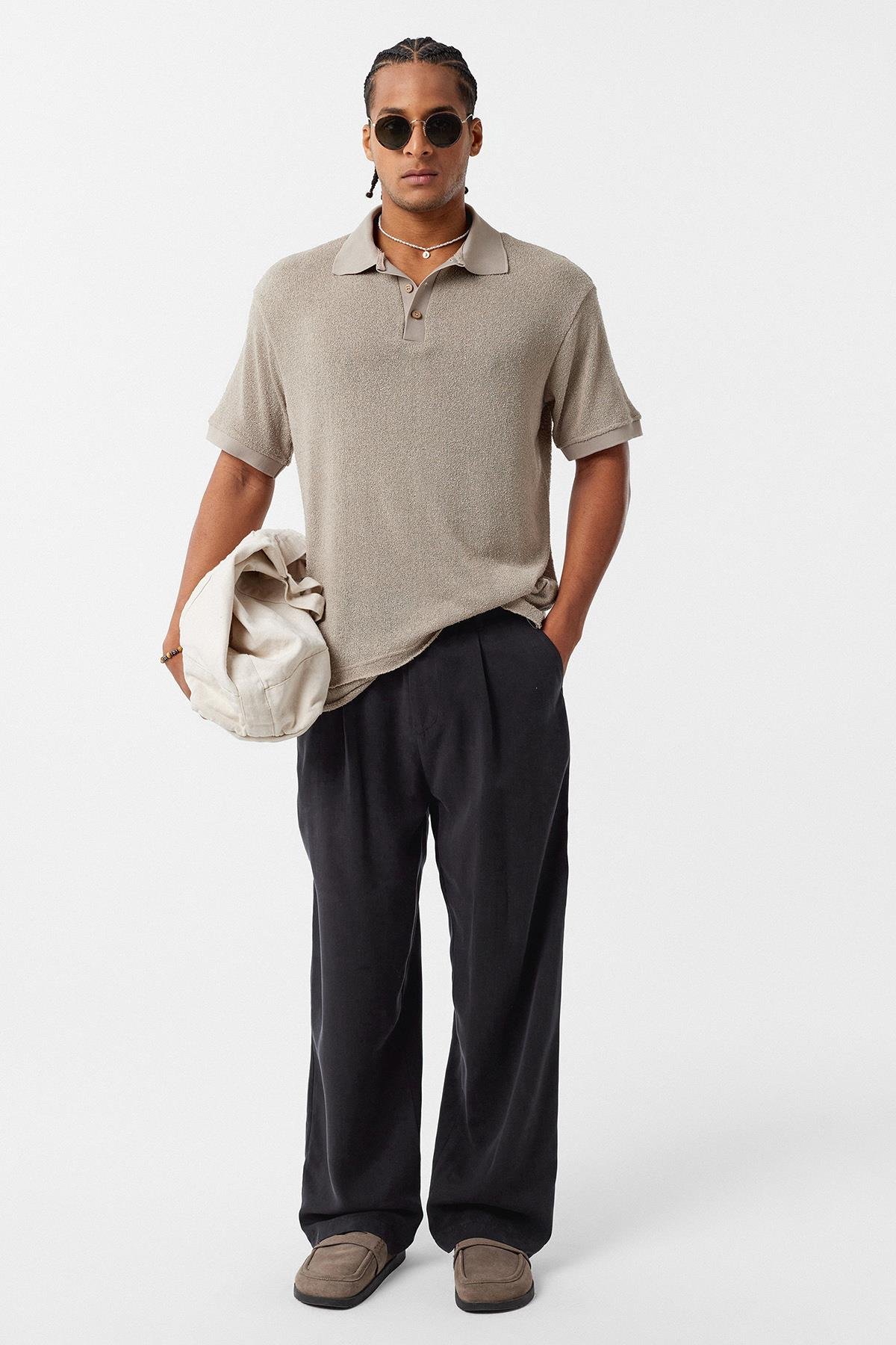 Polo Yaka Oversize Tişört Taş