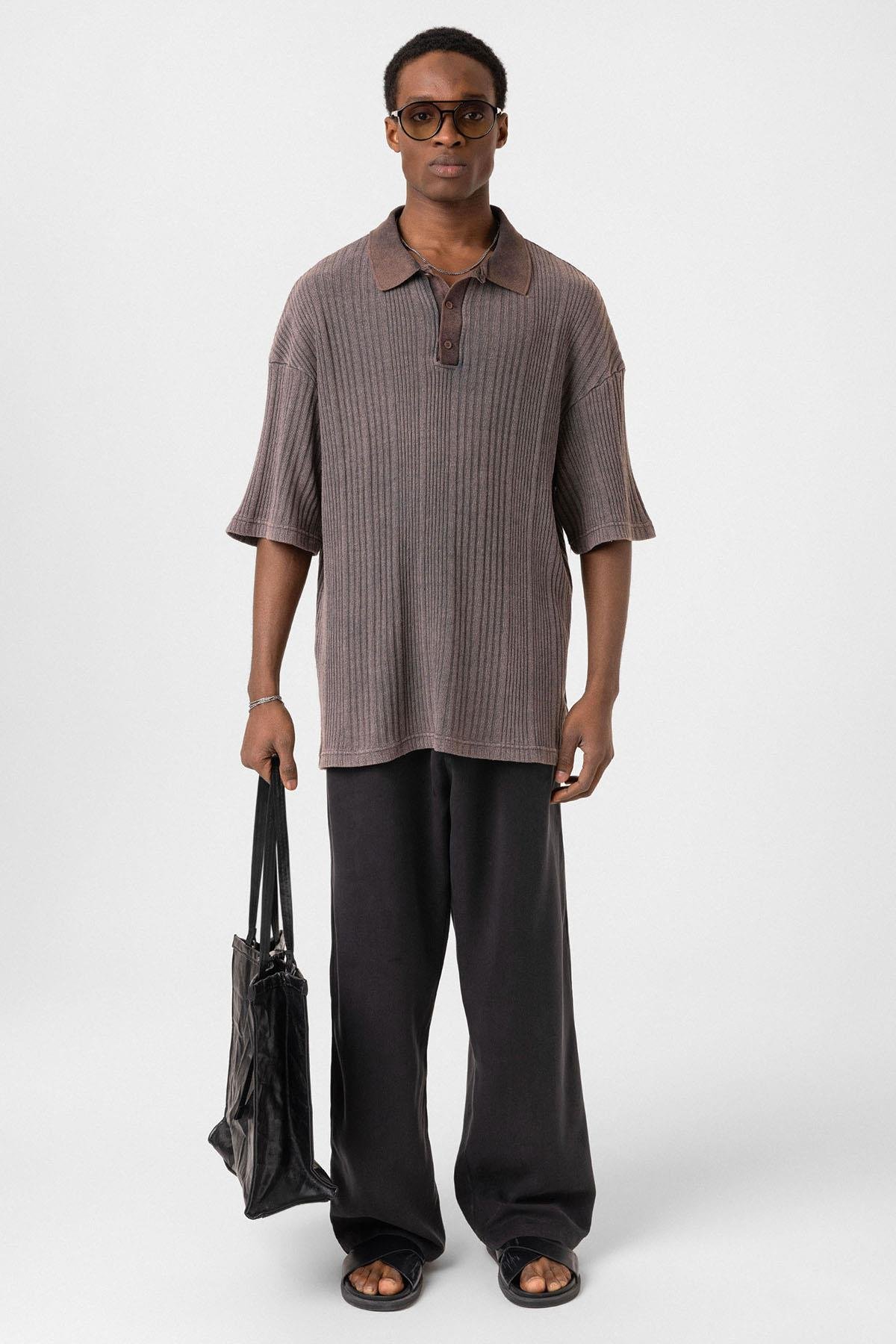 Polo Yaka Oversize Triko Kahve