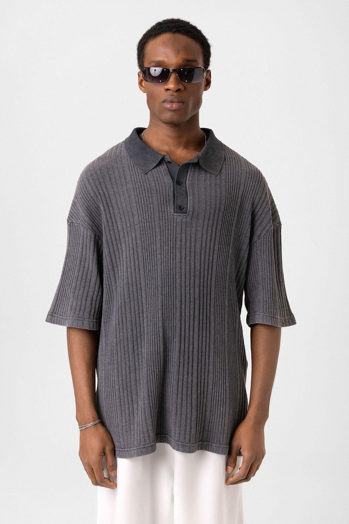 Polo Yaka Oversize Triko Siyah