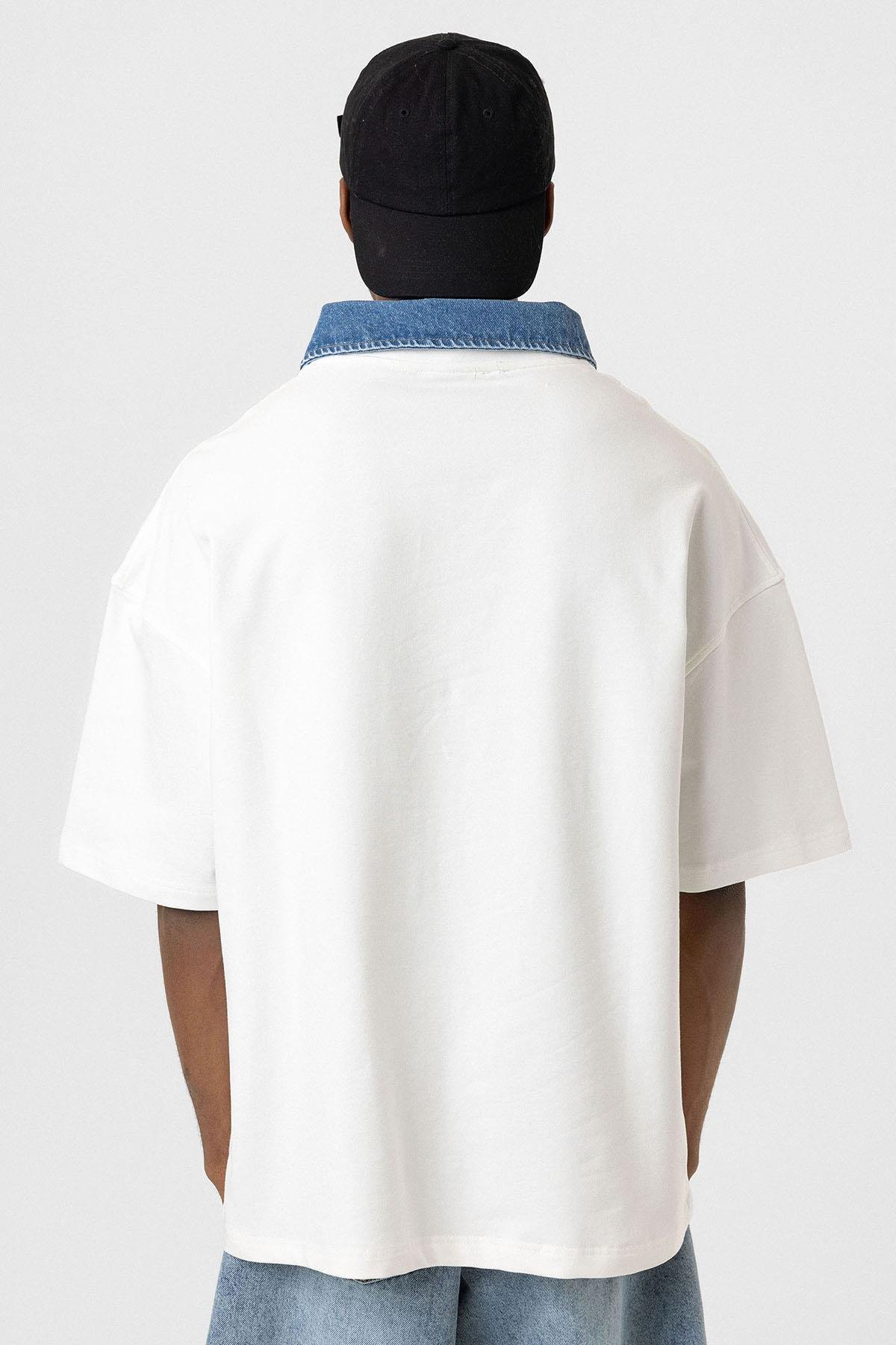 Polo Yaka Yazı Detaylı Oversize Tişört Ekru