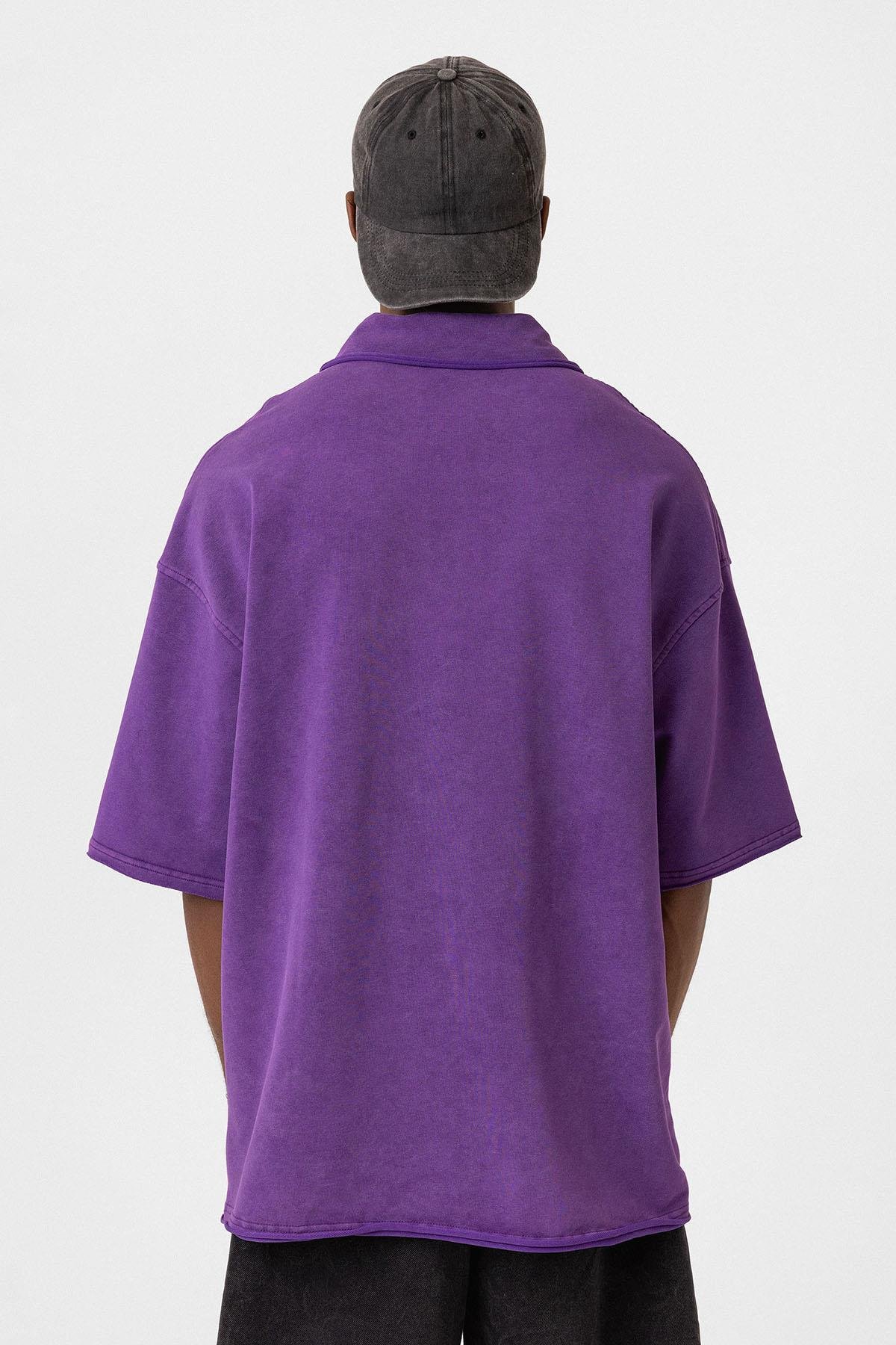 Polo Yaka Yıkamalı Oversize Tişört Mor