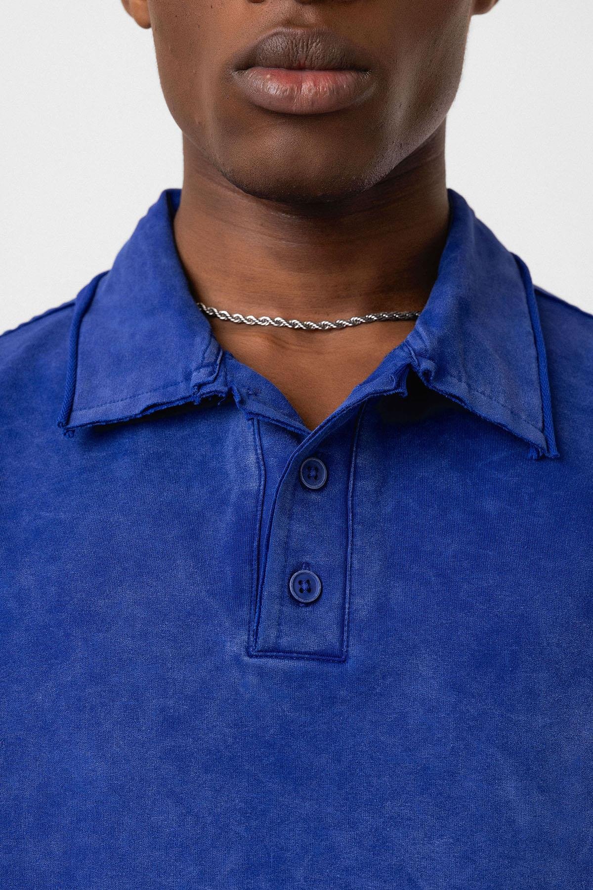 Polo Yaka Yıkamalı Oversize Tişört Saks