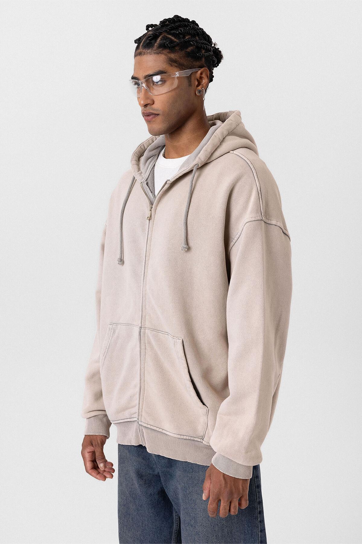 Premıum Yıkamalı Fermuarlı Oversize Sweatshirt Taş