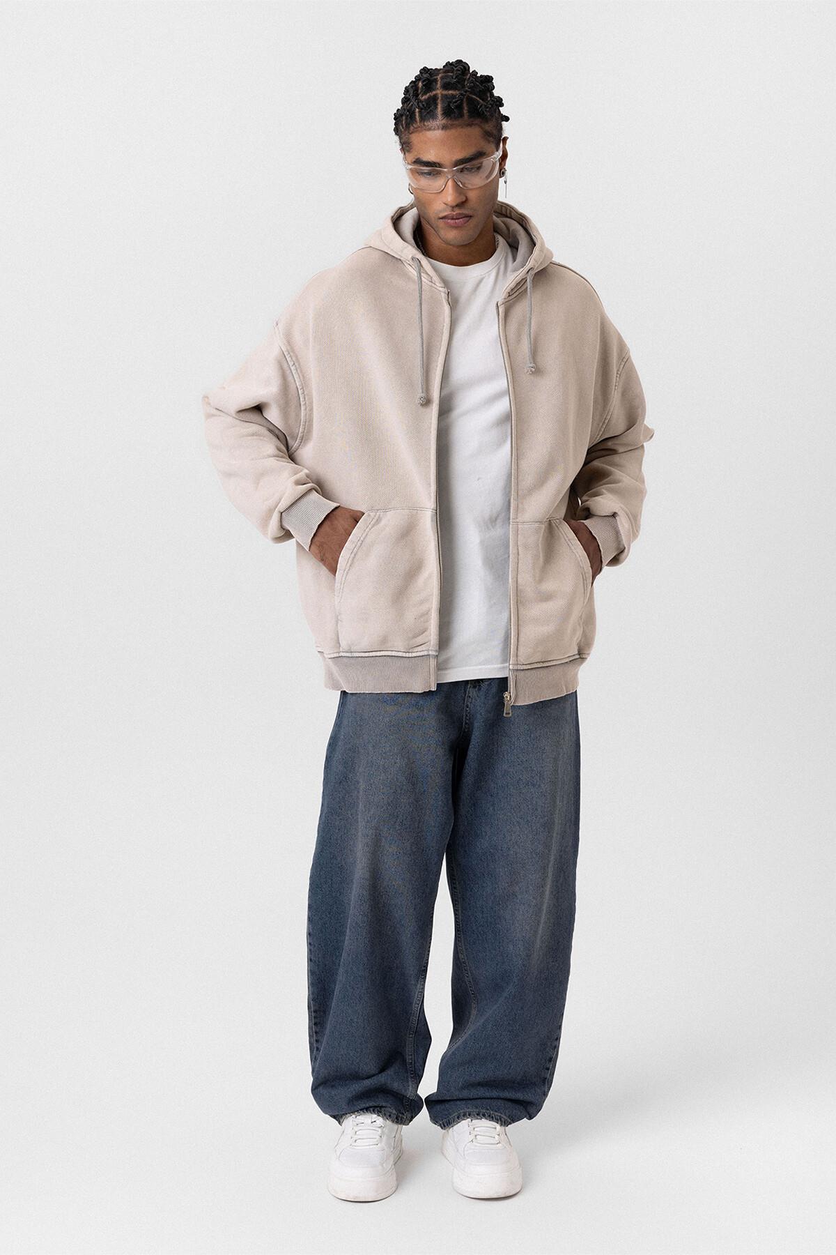 Premıum Yıkamalı Fermuarlı Oversize Sweatshirt Taş