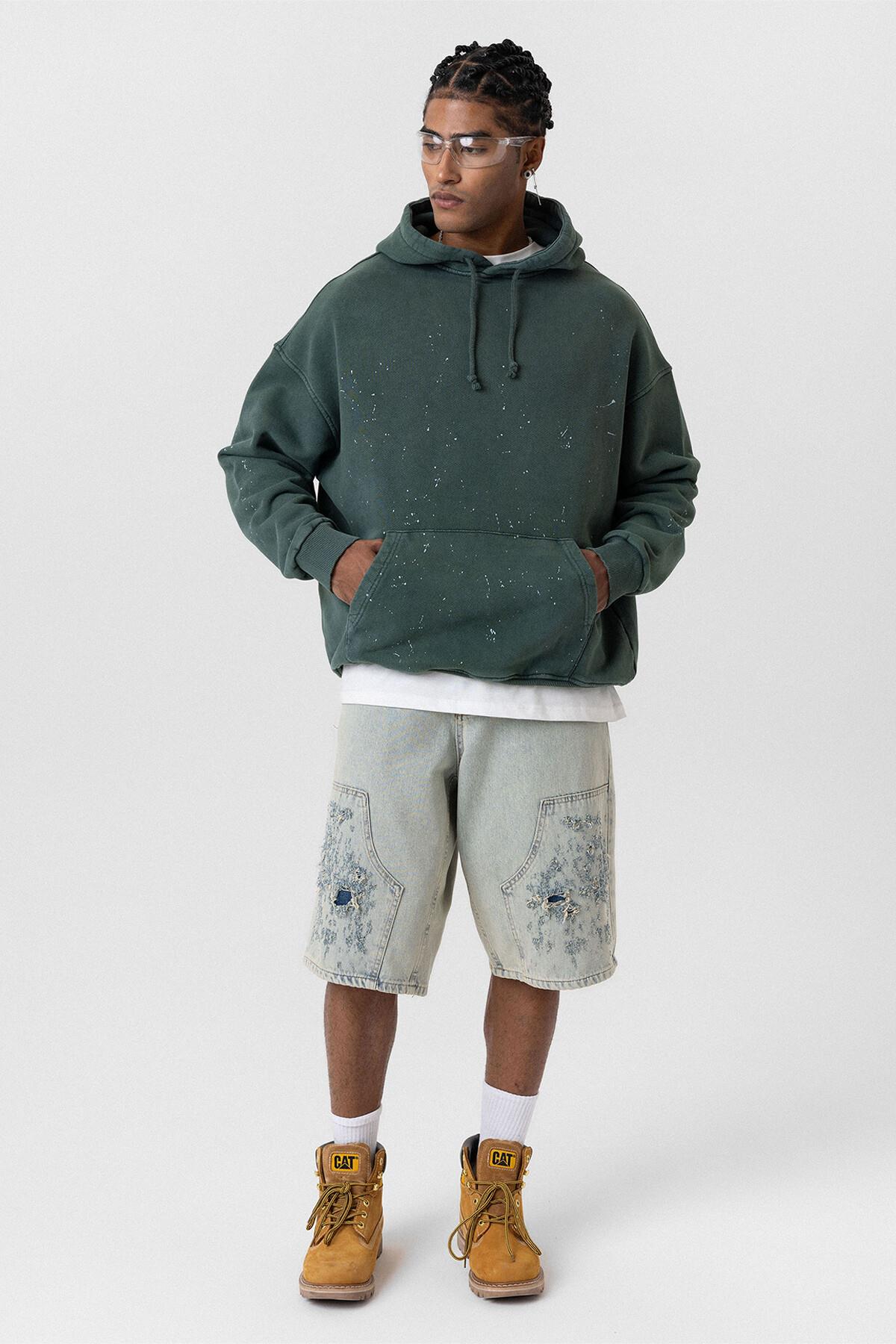 Premıum Yıkamalı Kapüşonlu Oversize Sweatshirt Koyu Yesıl