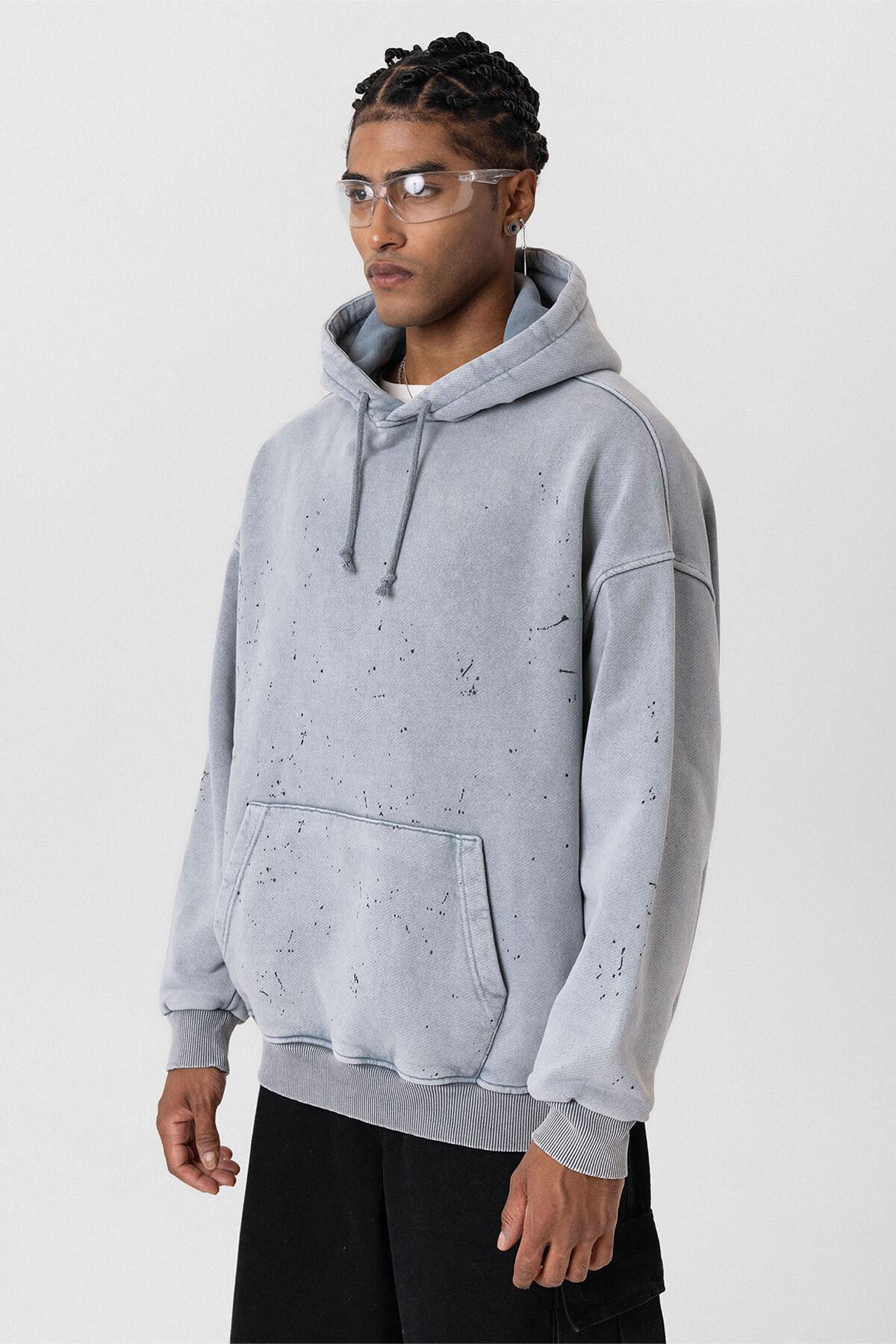 Premıum Yıkamalı Kapüşonlu Oversize Sweatshirt Gri