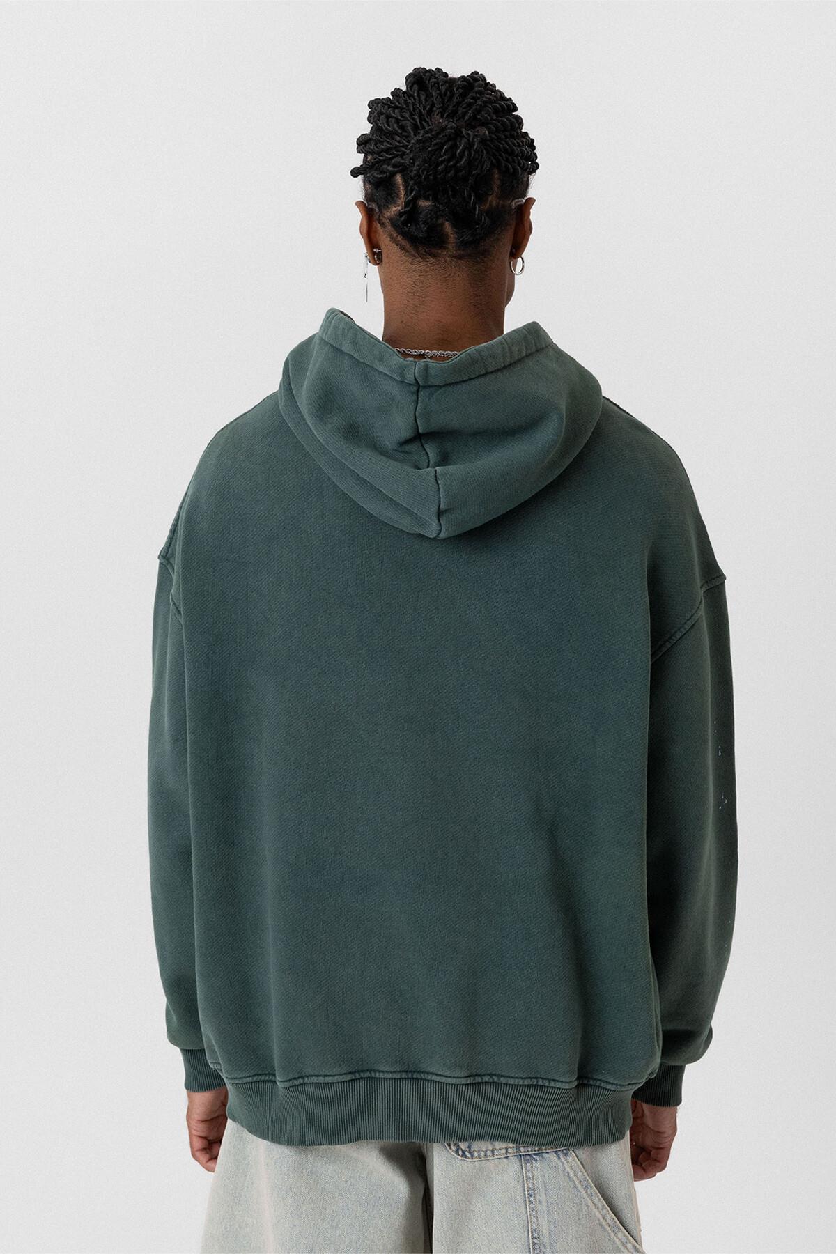 Premıum Yıkamalı Kapüşonlu Oversize Sweatshirt Koyu Yesıl
