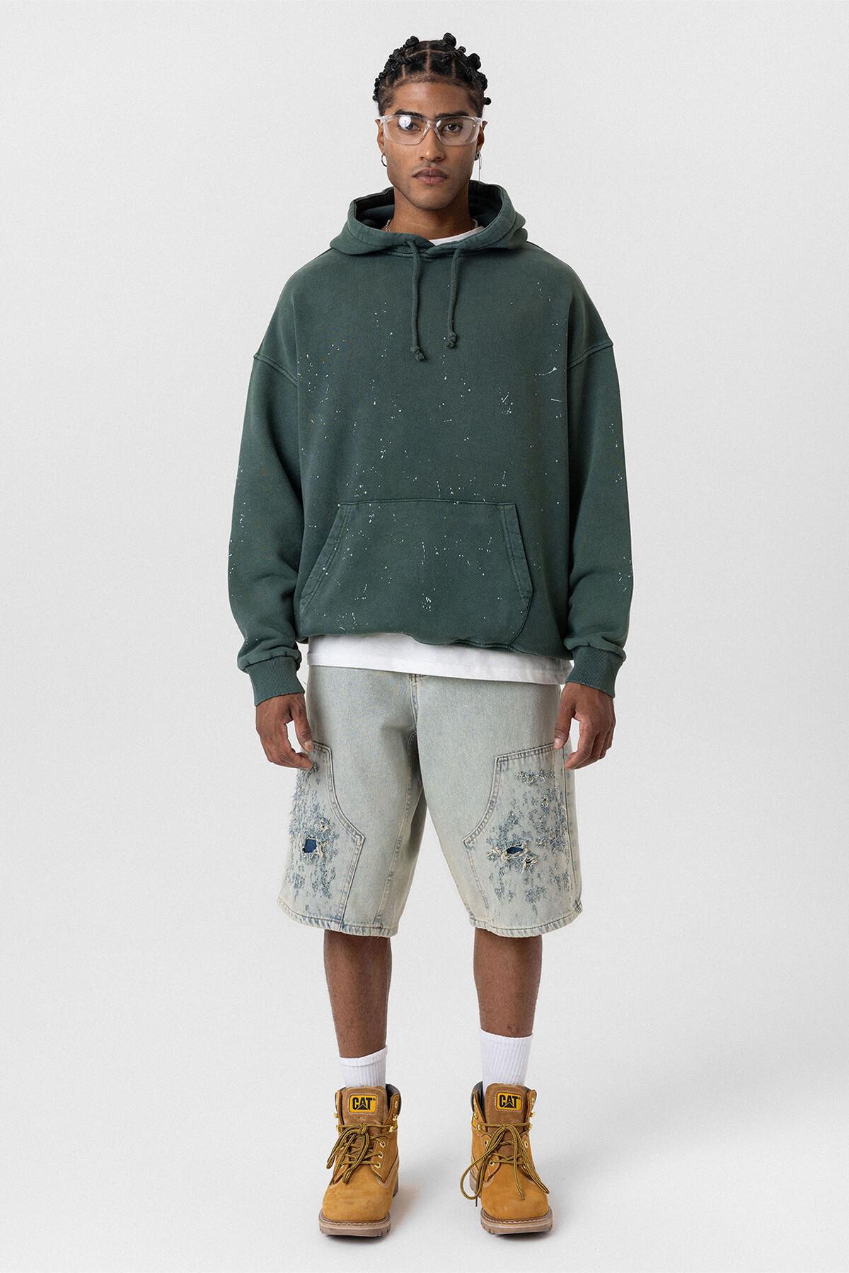 Premıum Yıkamalı Kapüşonlu Oversize Sweatshirt Koyu Yesıl