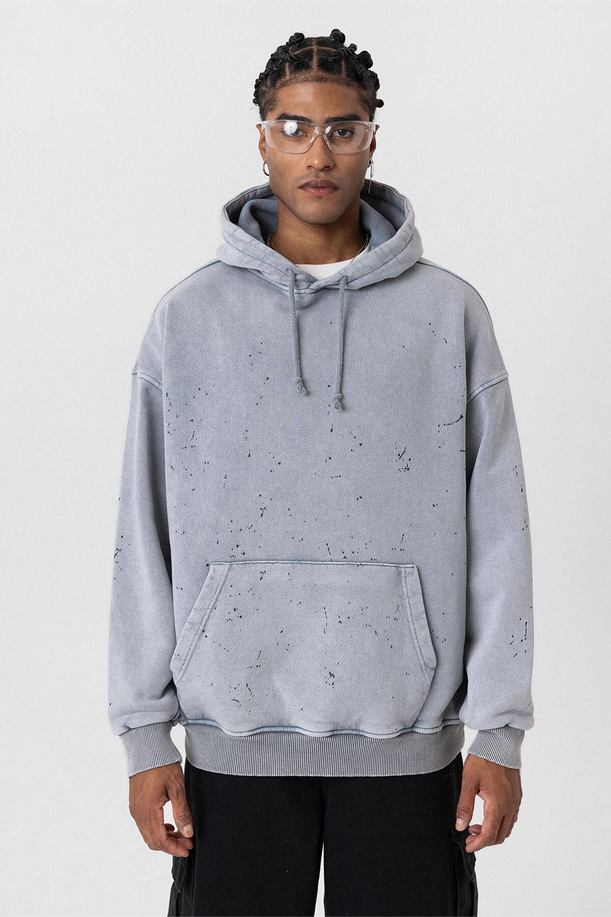 Premıum Yıkamalı Kapüşonlu Oversize Sweatshirt Gri