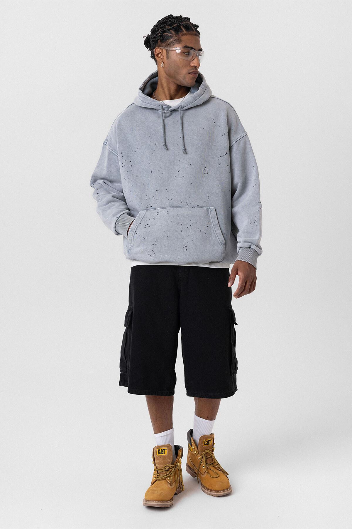 Premıum Yıkamalı Kapüşonlu Oversize Sweatshirt Gri
