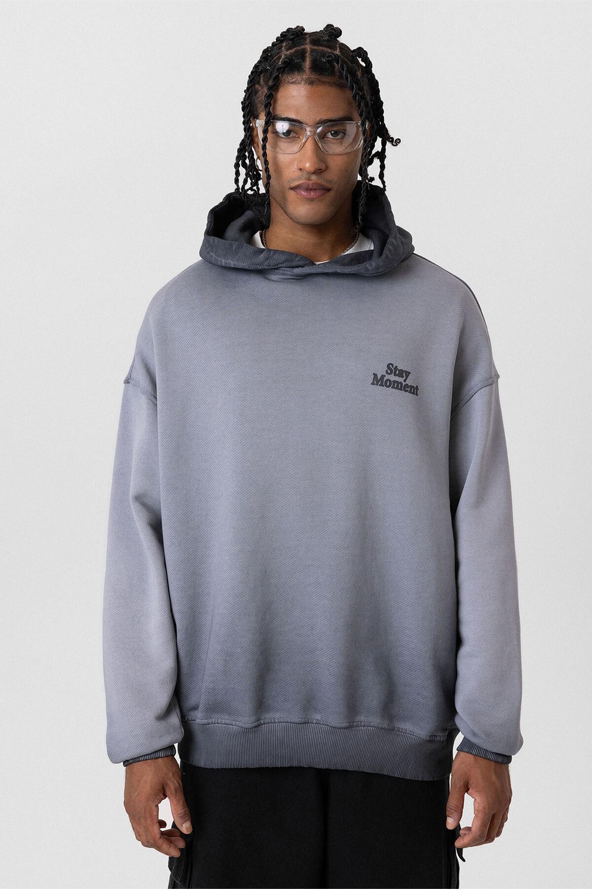Premıum Yıkamalı Yazı Detaylı Oversize Kapüşonlu Sweatshirt Gri