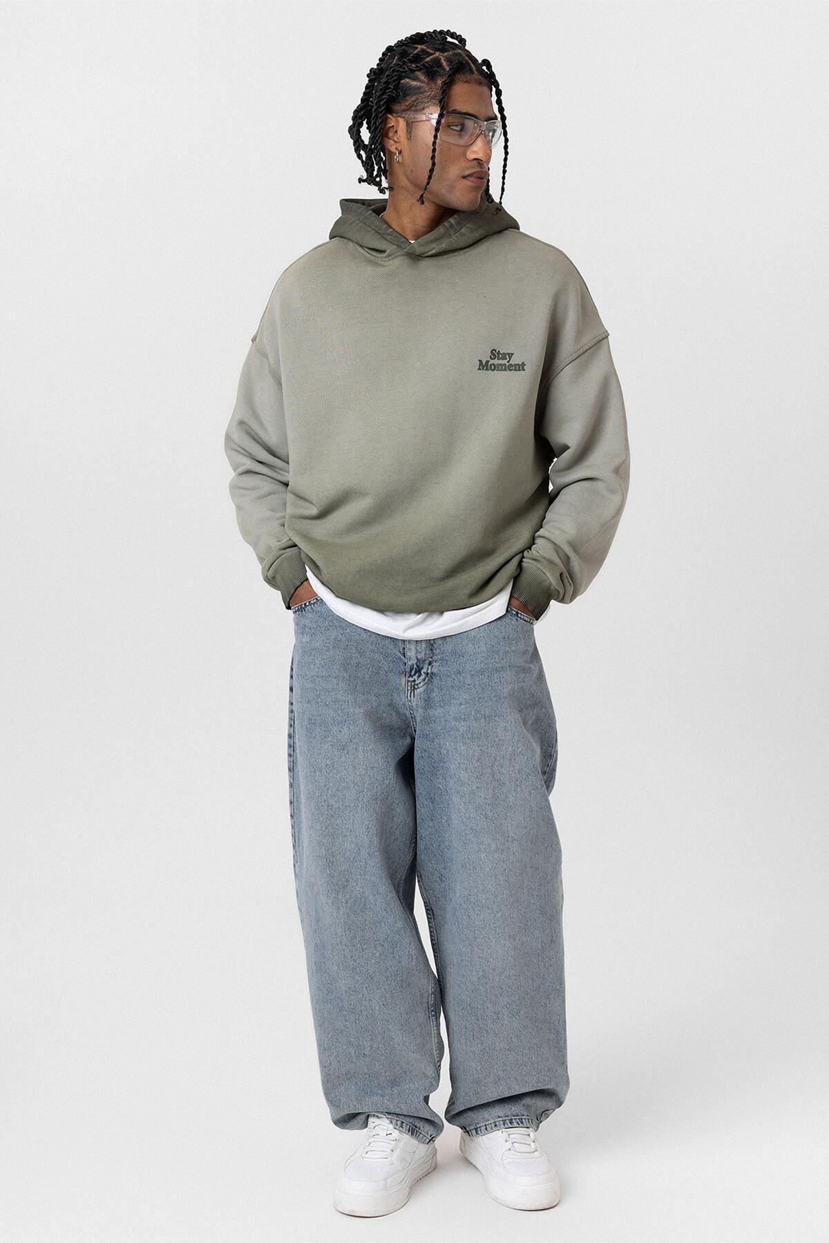 Premıum Yıkamalı Yazı Detaylı Oversize Kapüşonlu Sweatshirt Açık Haki