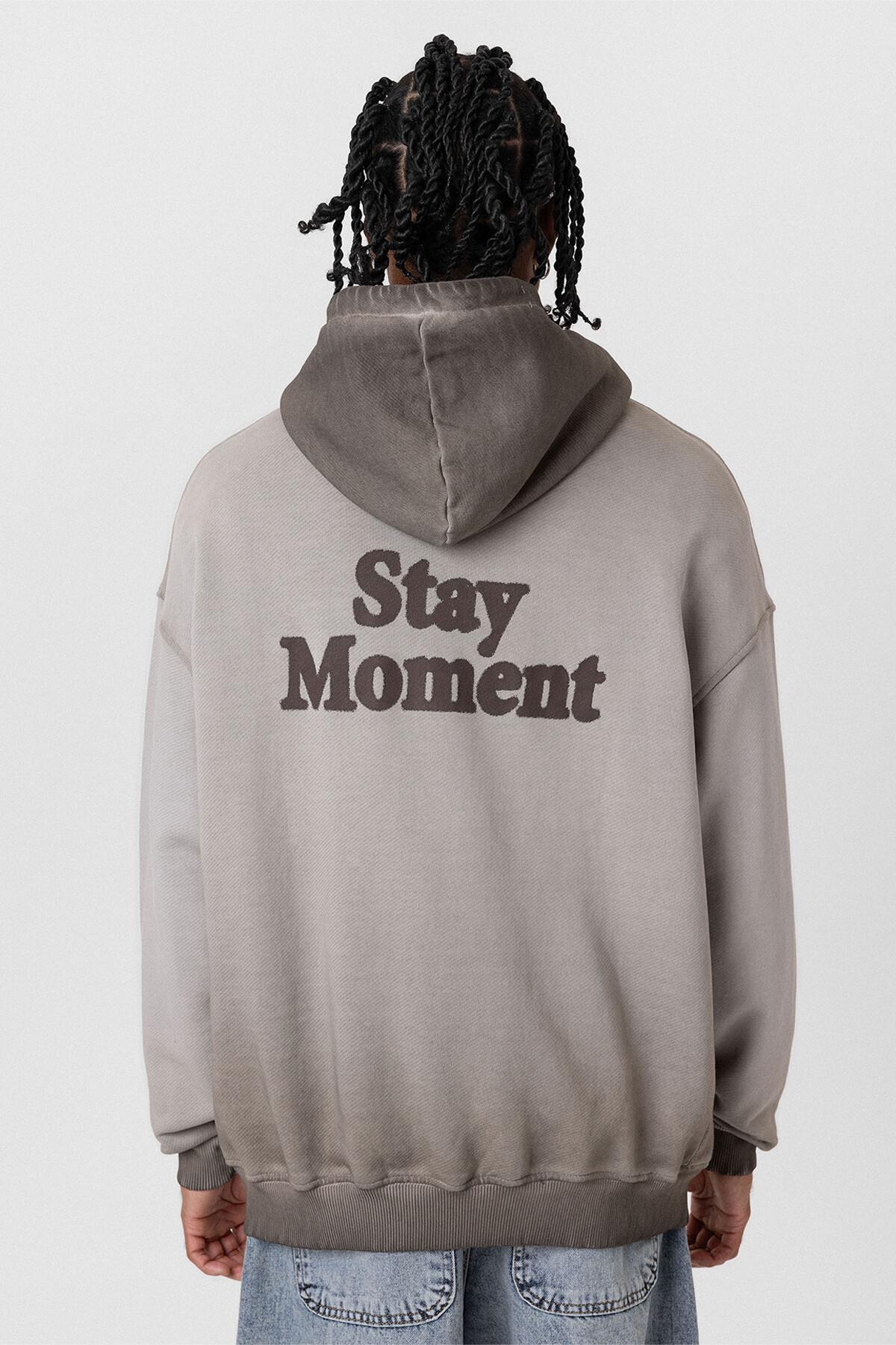 Premıum Yıkamalı Yazı Detaylı Oversize Kapüşonlu Sweatshirt Vizon