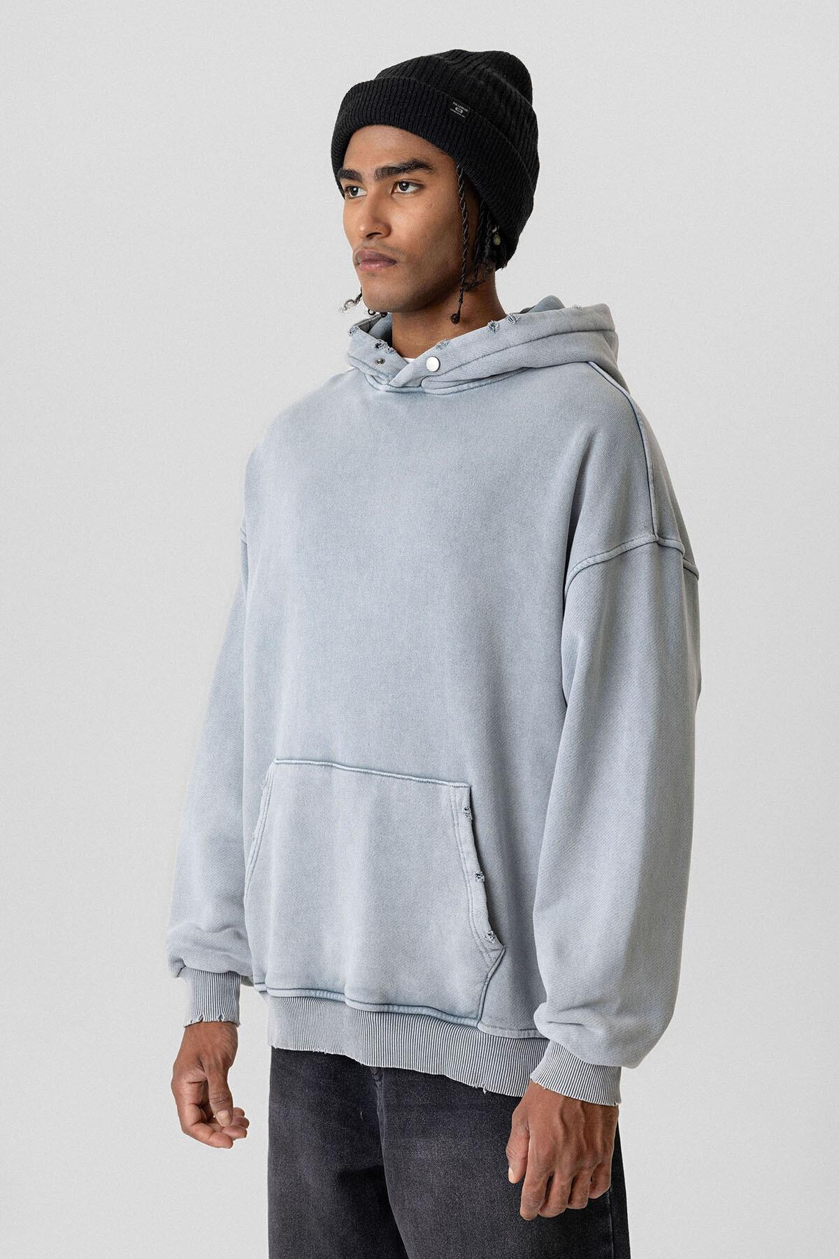 Premıum Yırtık Detaylı Oversize Sweatshirt Gri