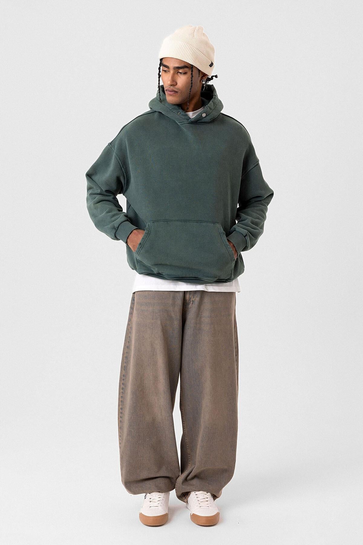 Premıum Yırtık Detaylı Oversize Sweatshirt Yeşil