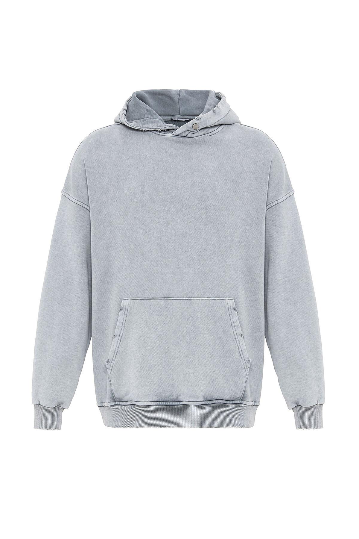 Premıum Yırtık Detaylı Oversize Sweatshirt Gri