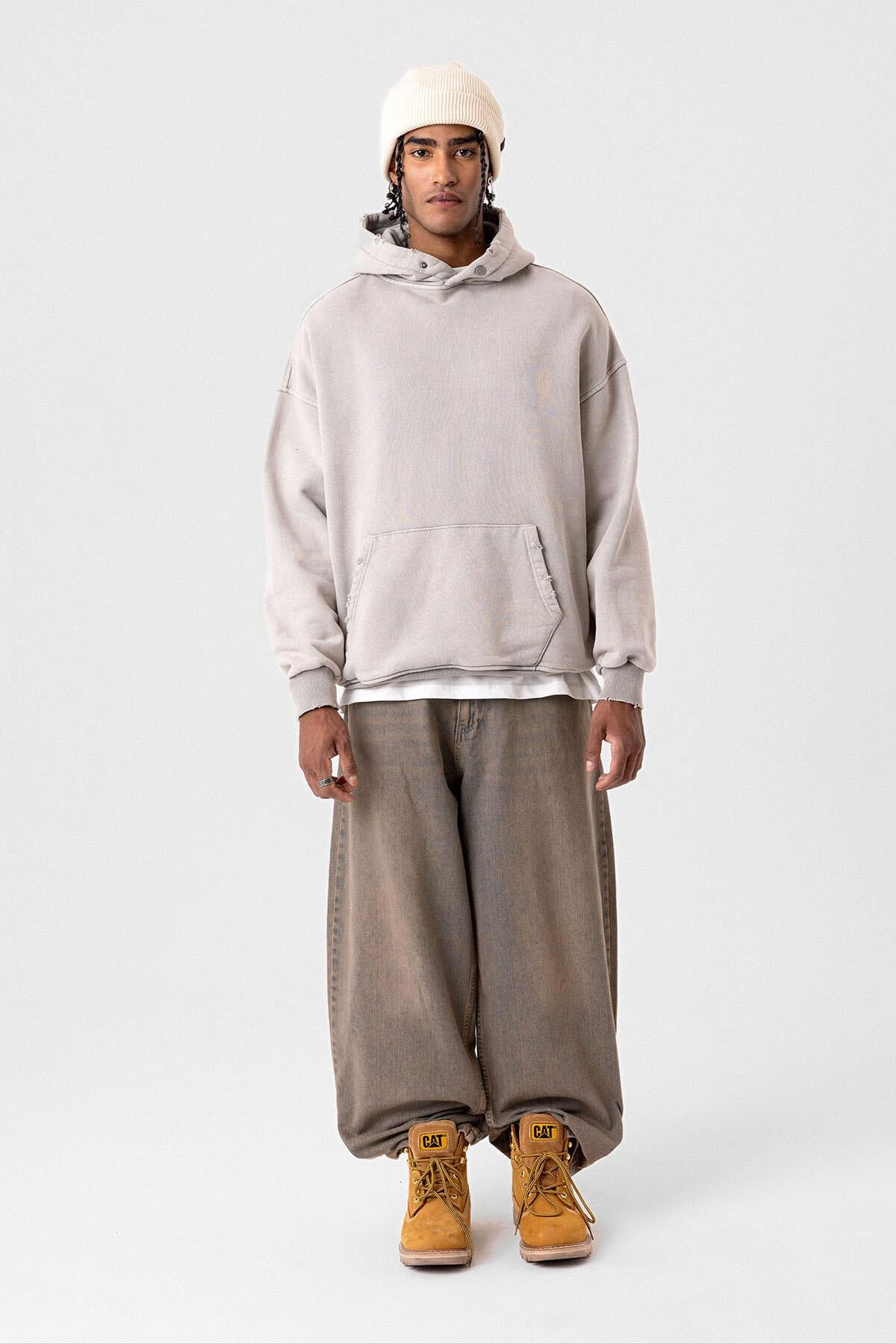 Premıum Yırtık Detaylı Oversize Sweatshirt Taş