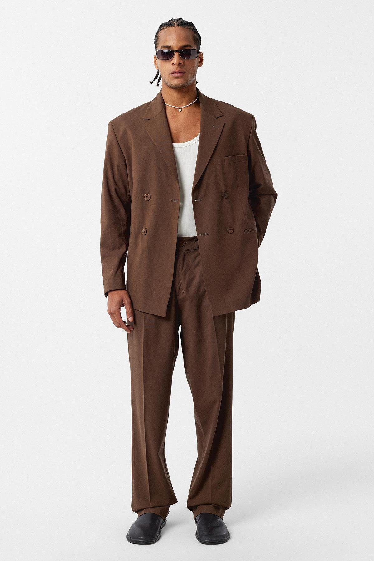 Rahat Kalıp Kruvaze Takım Elbise Açık Kahve