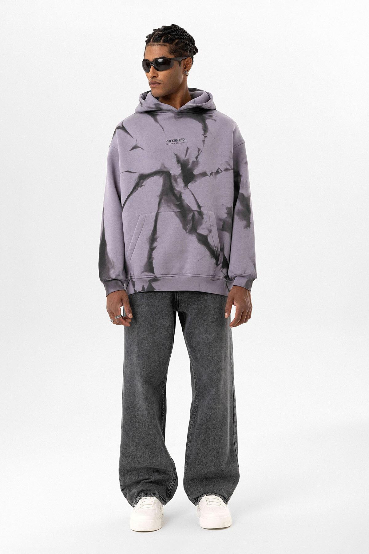 Renk Detaylı Kapüşonlu Oversize Sweatshirt Lila