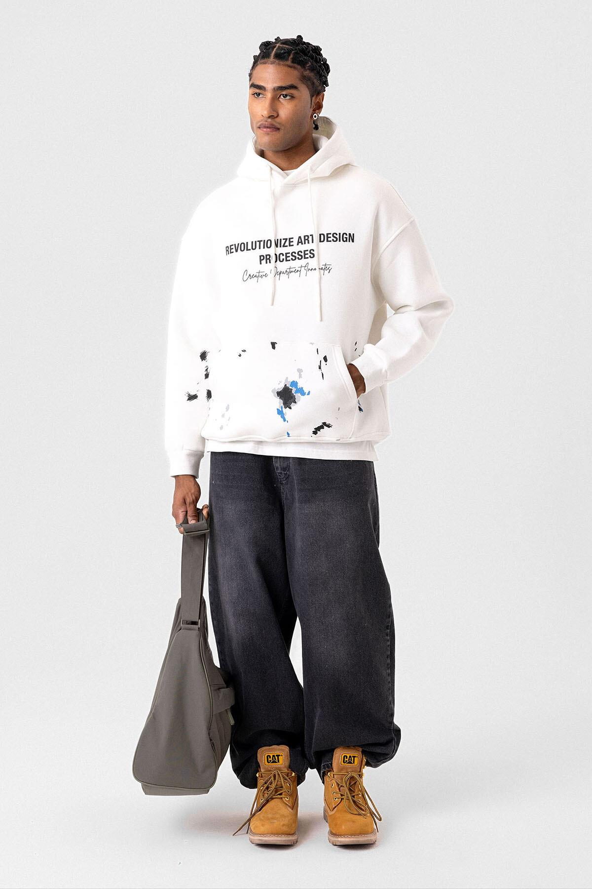 Renk Detaylı Oversize Kapüşonlu Sweatshirt Ekru