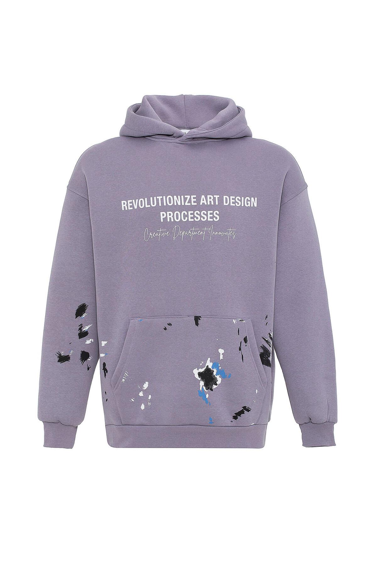 Renk Detaylı Oversize Kapüşonlu Sweatshirt Lila