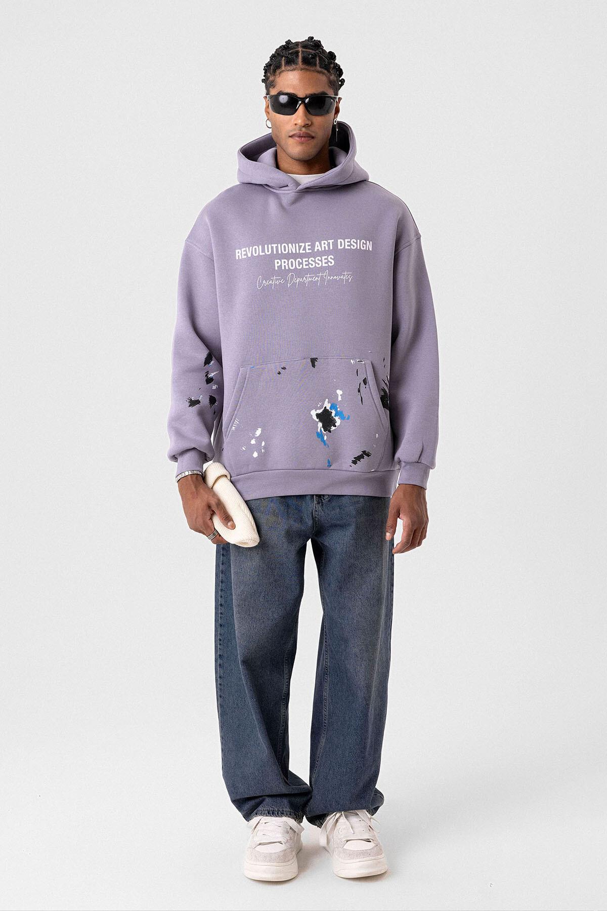 Renk Detaylı Oversize Kapüşonlu Sweatshirt Lila