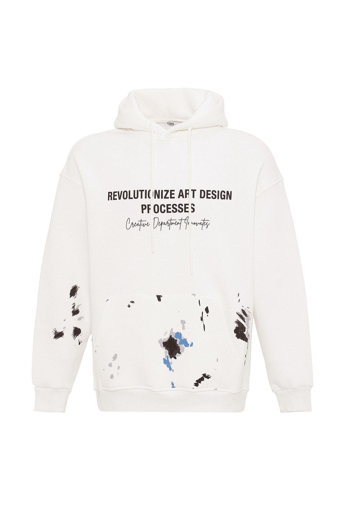 Renk Detaylı Oversize Kapüşonlu Sweatshirt Ekru