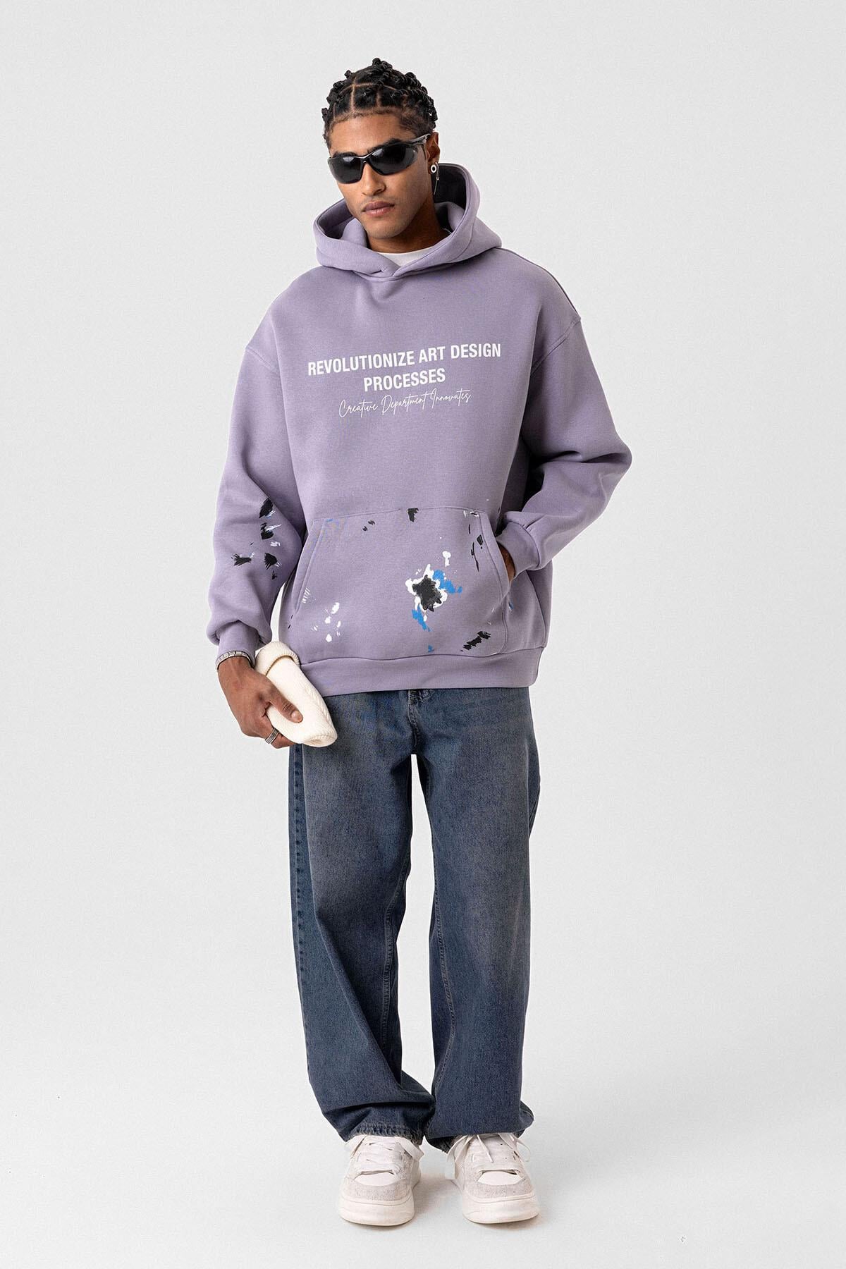 Renk Detaylı Oversize Kapüşonlu Sweatshirt Lila