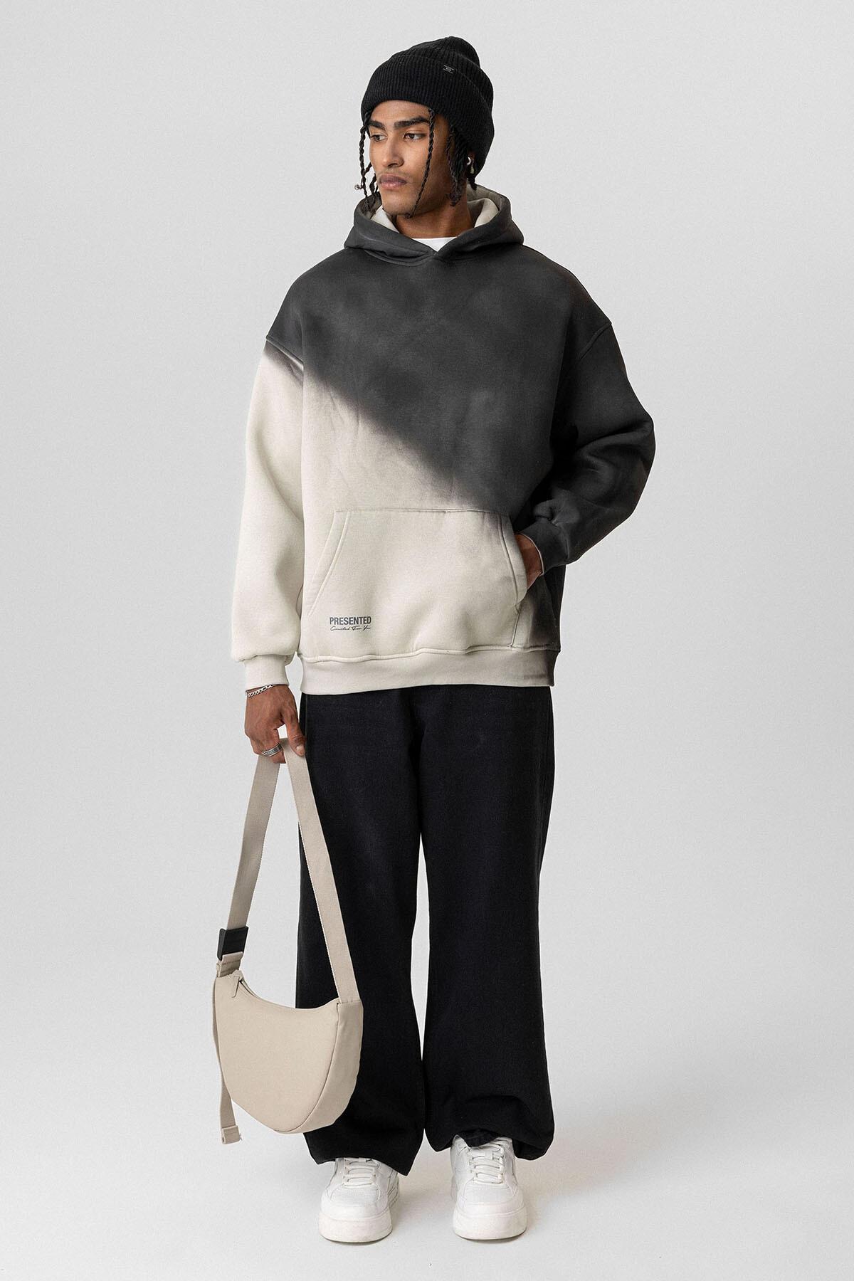 Renk Geçişli Oversize Kapüşonlu Sweatshirt Buz Gri