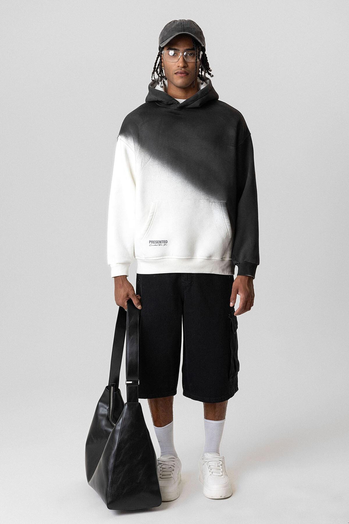 Renk Geçişli Oversize Kapüşonlu Sweatshirt Ekru