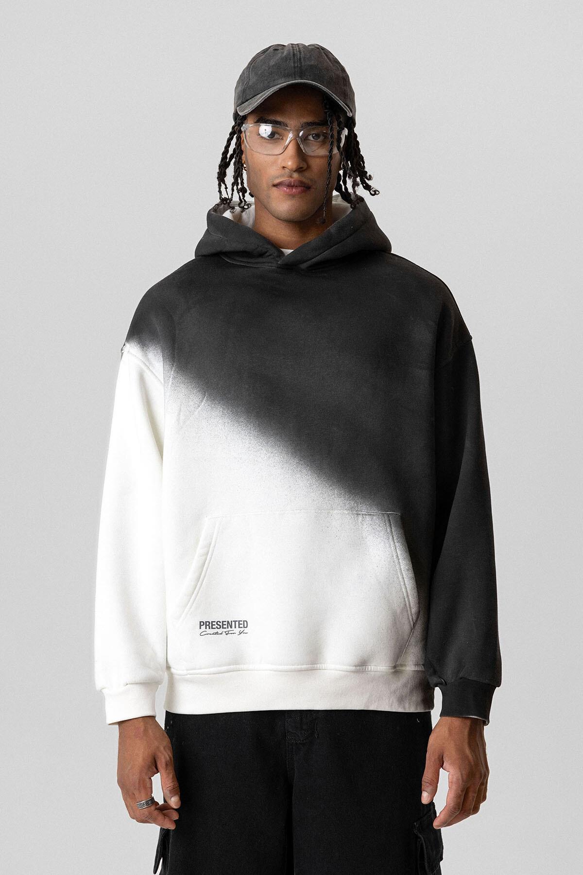Renk Geçişli Oversize Kapüşonlu Sweatshirt Ekru