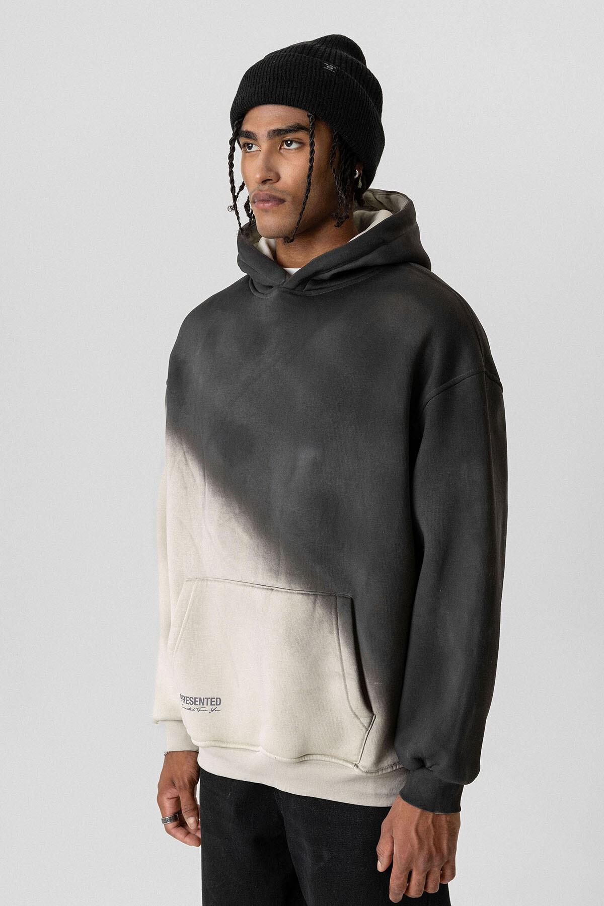 Renk Geçişli Oversize Kapüşonlu Sweatshirt Buz Gri