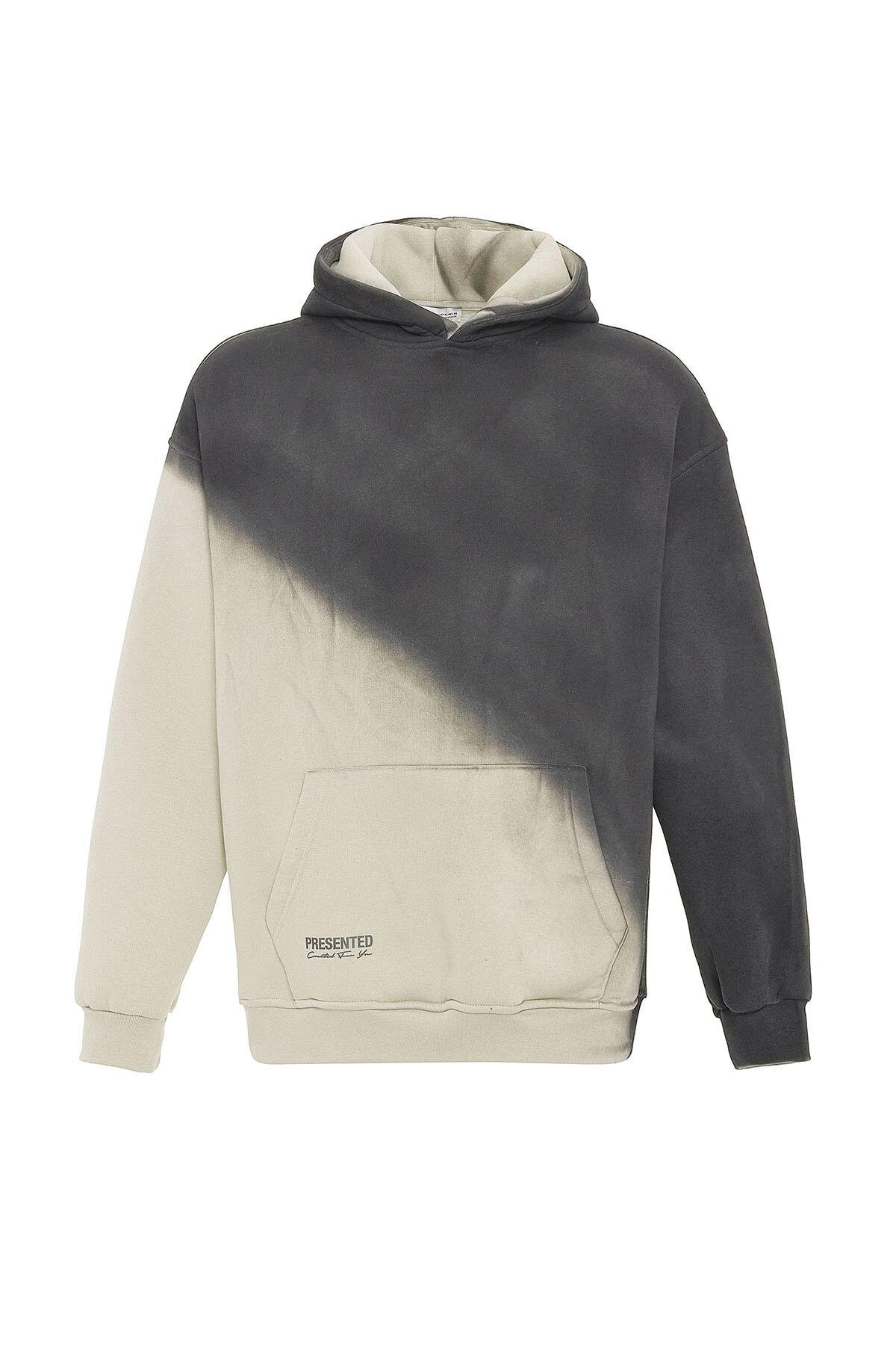 Renk Geçişli Oversize Kapüşonlu Sweatshirt Buz Gri