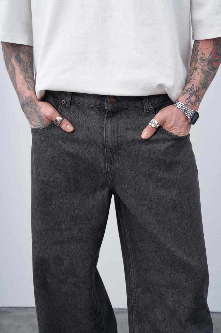 Siyah Lazer Baskılı Baggy Jean Gri