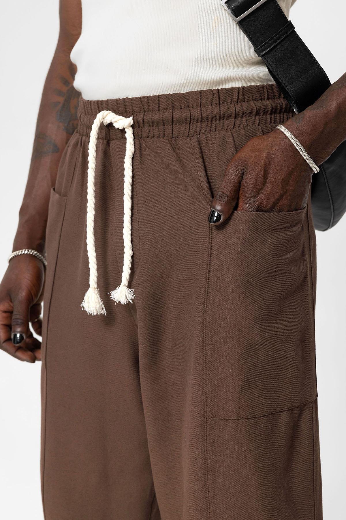 Yan Cepli Baggy Keten Pantolon Kahve