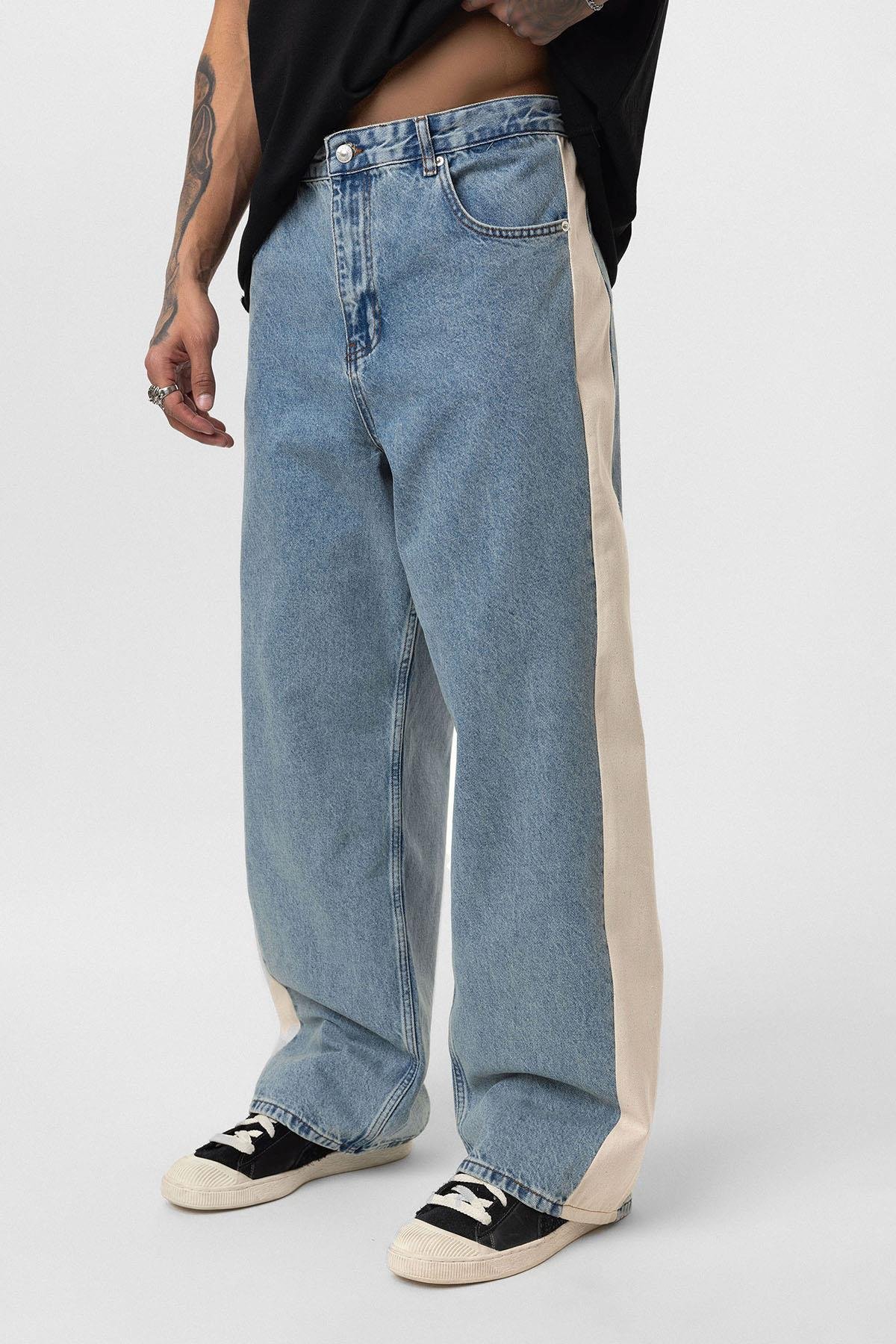 Yan Şeritli Baggy Fit Jean Açık Mavi Melanj