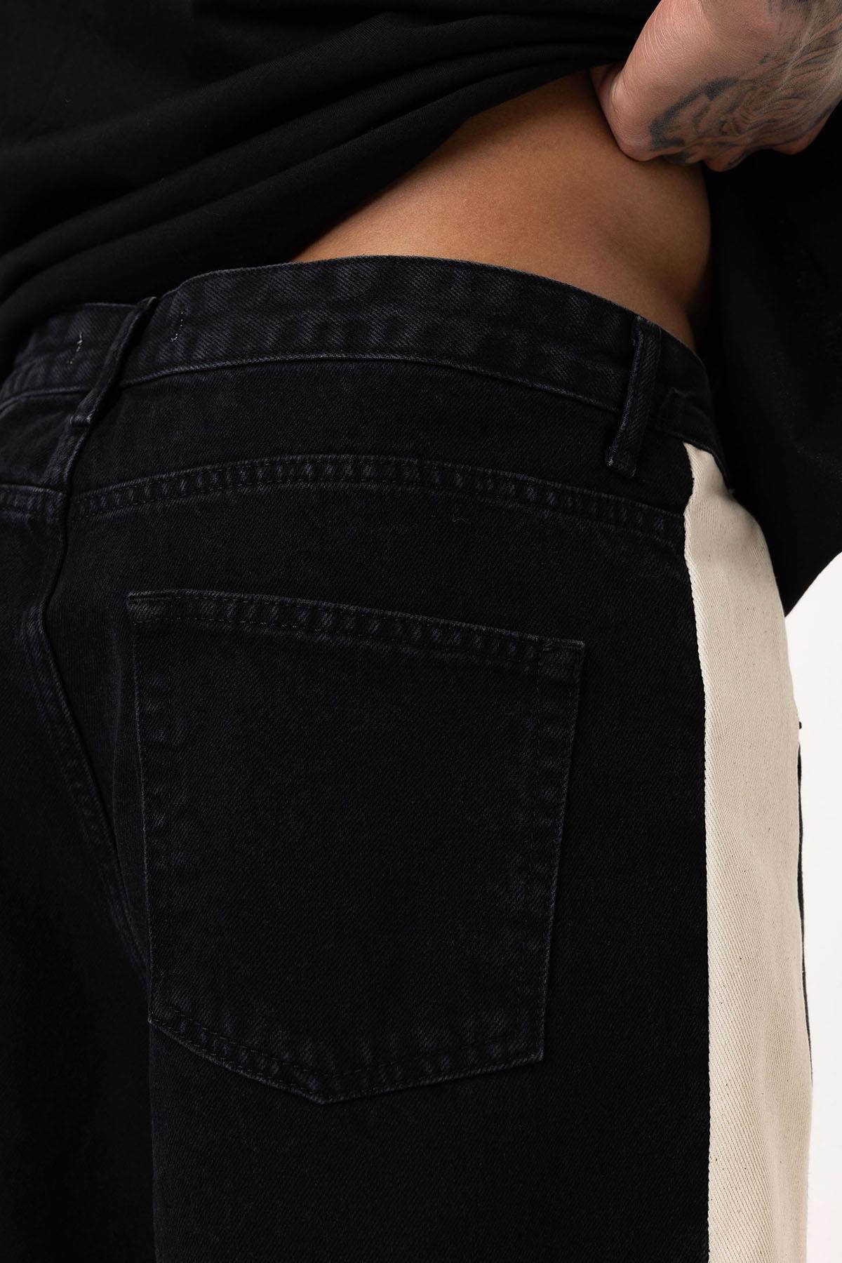 Yan Şeritli Baggy Fit Jean Siyah