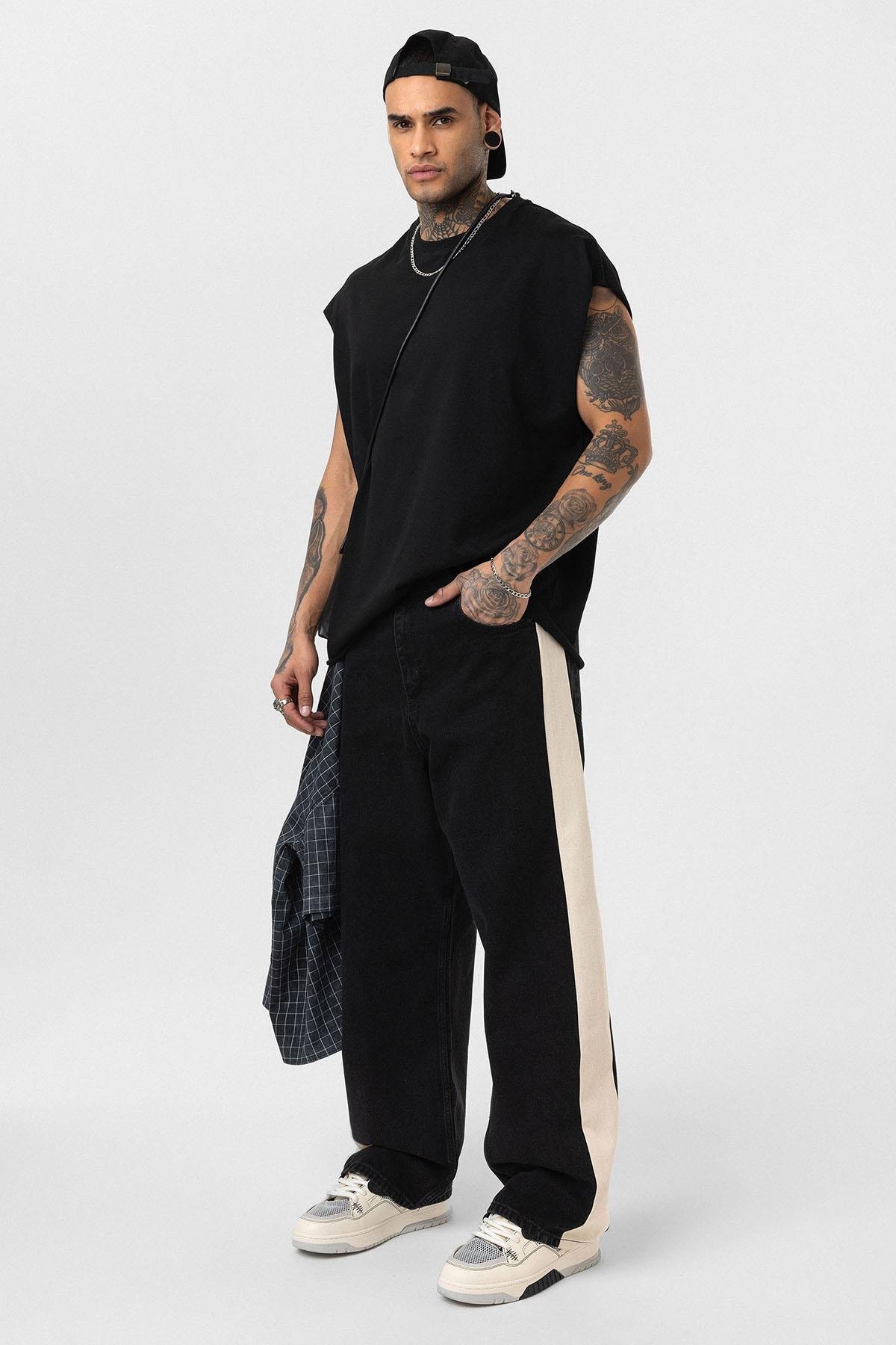 Yan Şeritli Baggy Fit Jean Siyah