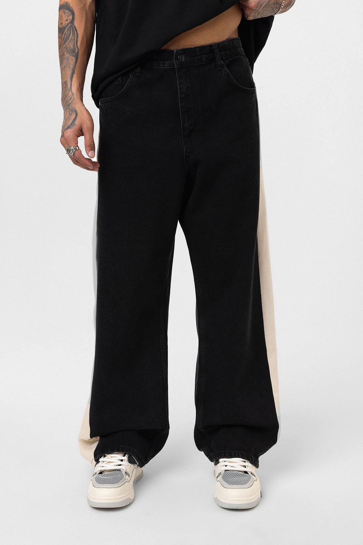 Yan Şeritli Baggy Fit Jean Siyah