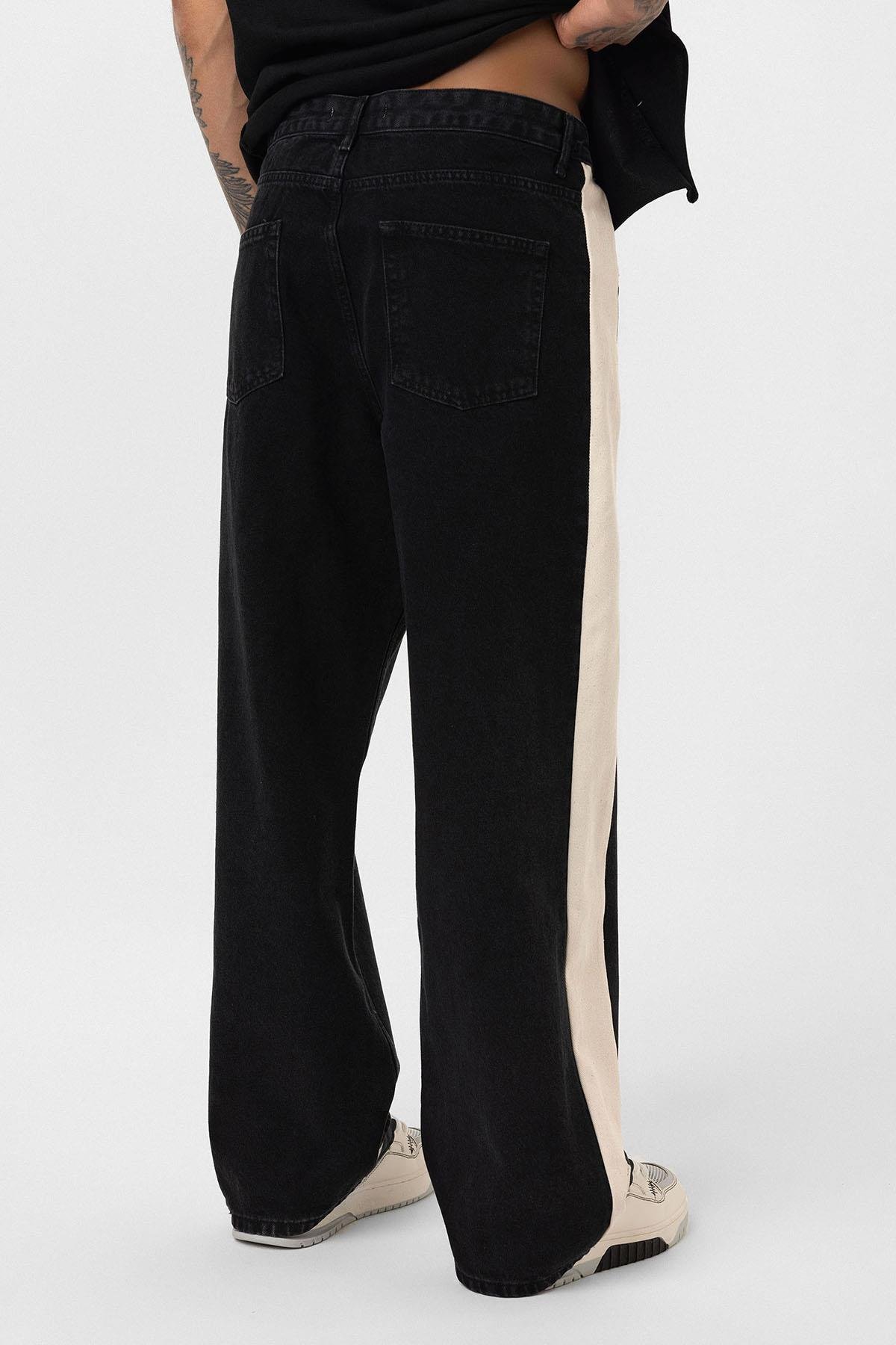 Yan Şeritli Baggy Fit Jean Siyah