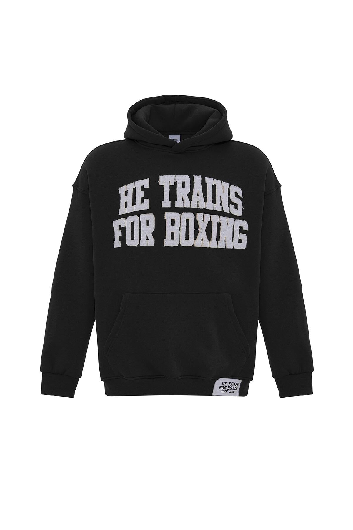 Yazı Baskılı Oversize Kapüşonlu Sweatshirt Siyah