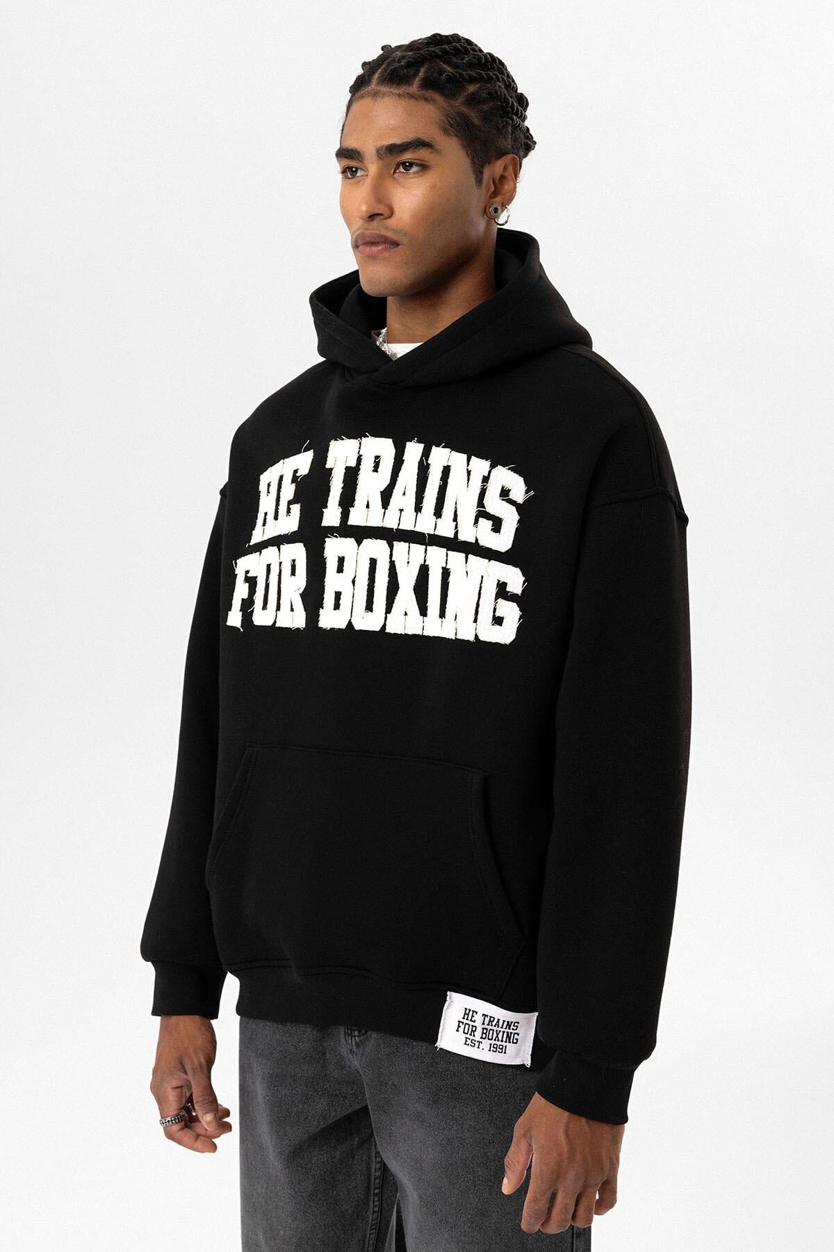 Yazı Baskılı Oversize Kapüşonlu Sweatshirt Siyah