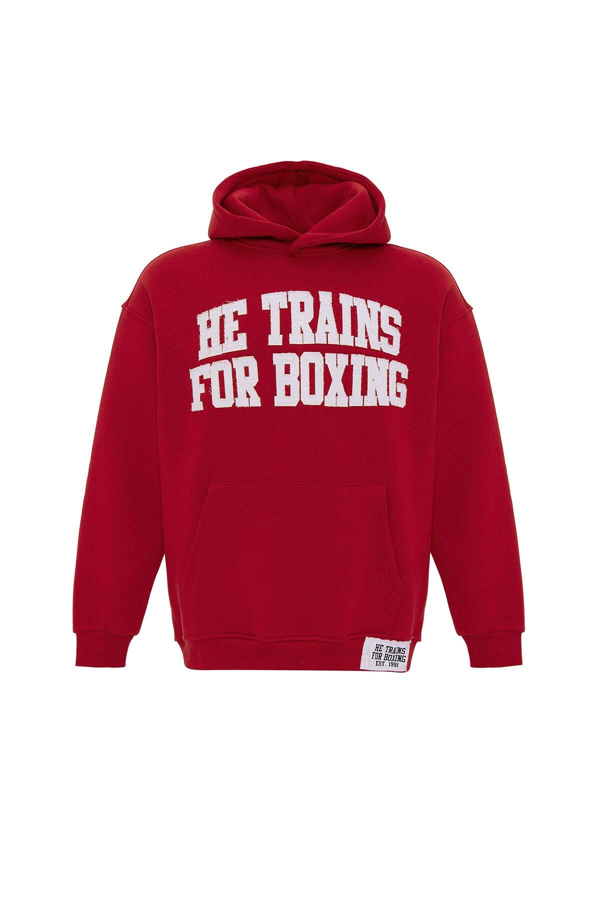 Yazı Baskılı Oversize Kapüşonlu Sweatshirt Kırmızı
