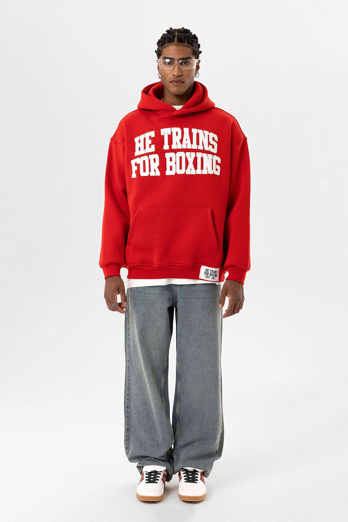 Yazı Baskılı Oversize Kapüşonlu Sweatshirt Kırmızı