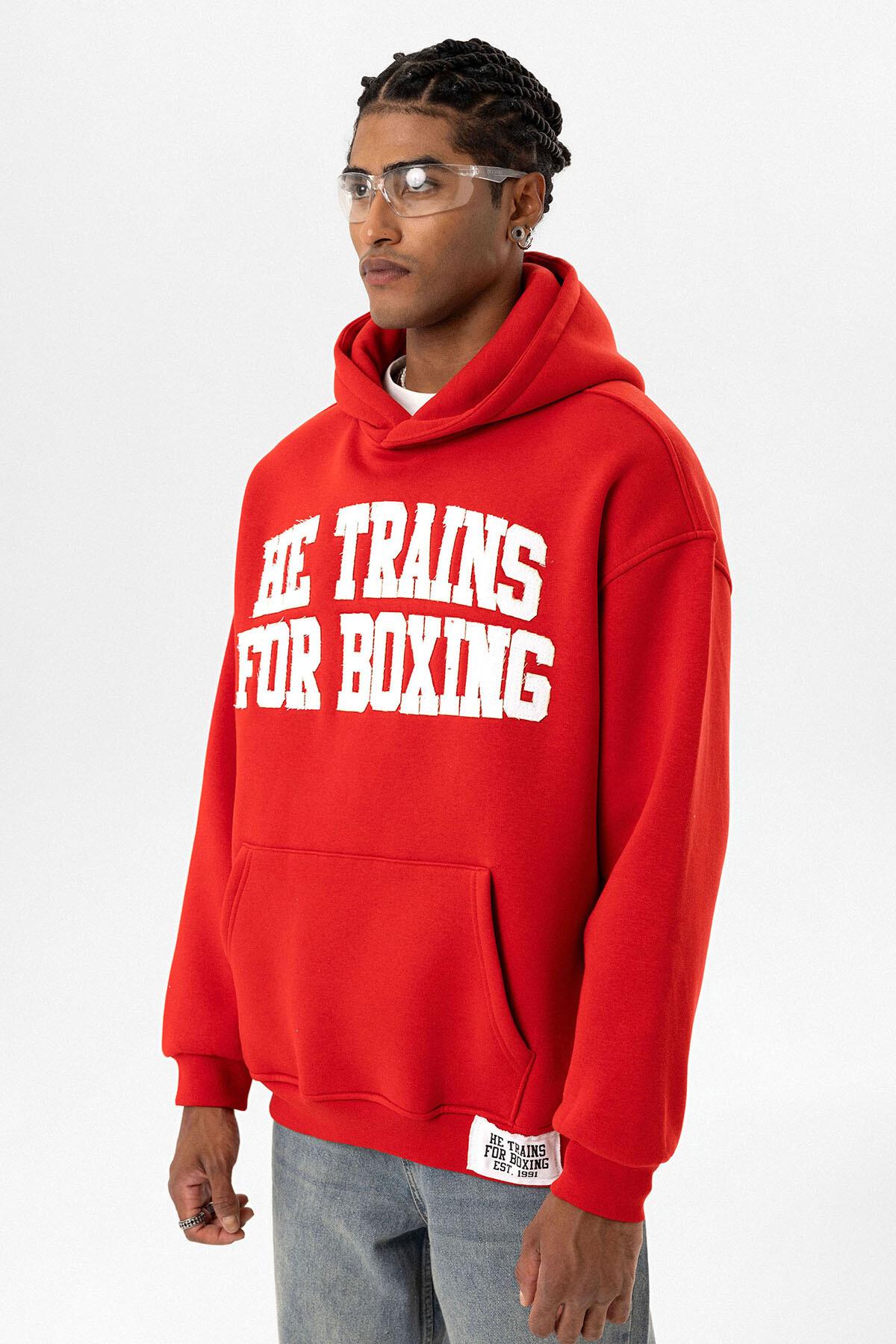 Yazı Baskılı Oversize Kapüşonlu Sweatshirt Kırmızı