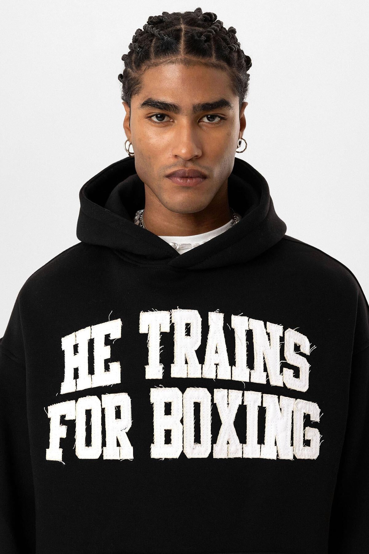 Yazı Baskılı Oversize Kapüşonlu Sweatshirt Siyah