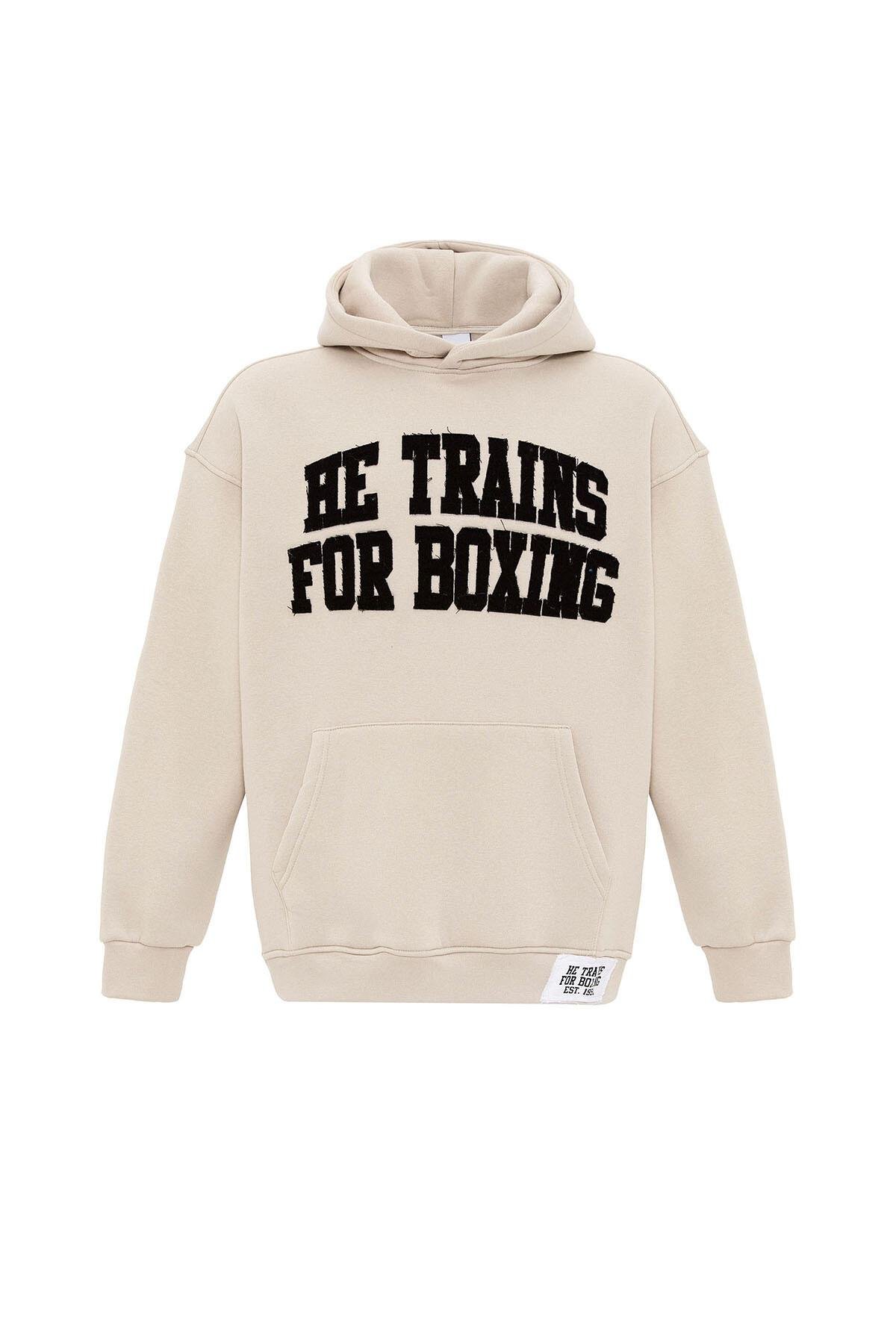 Yazı Baskılı Oversize Kapüşonlu Sweatshirt Taş